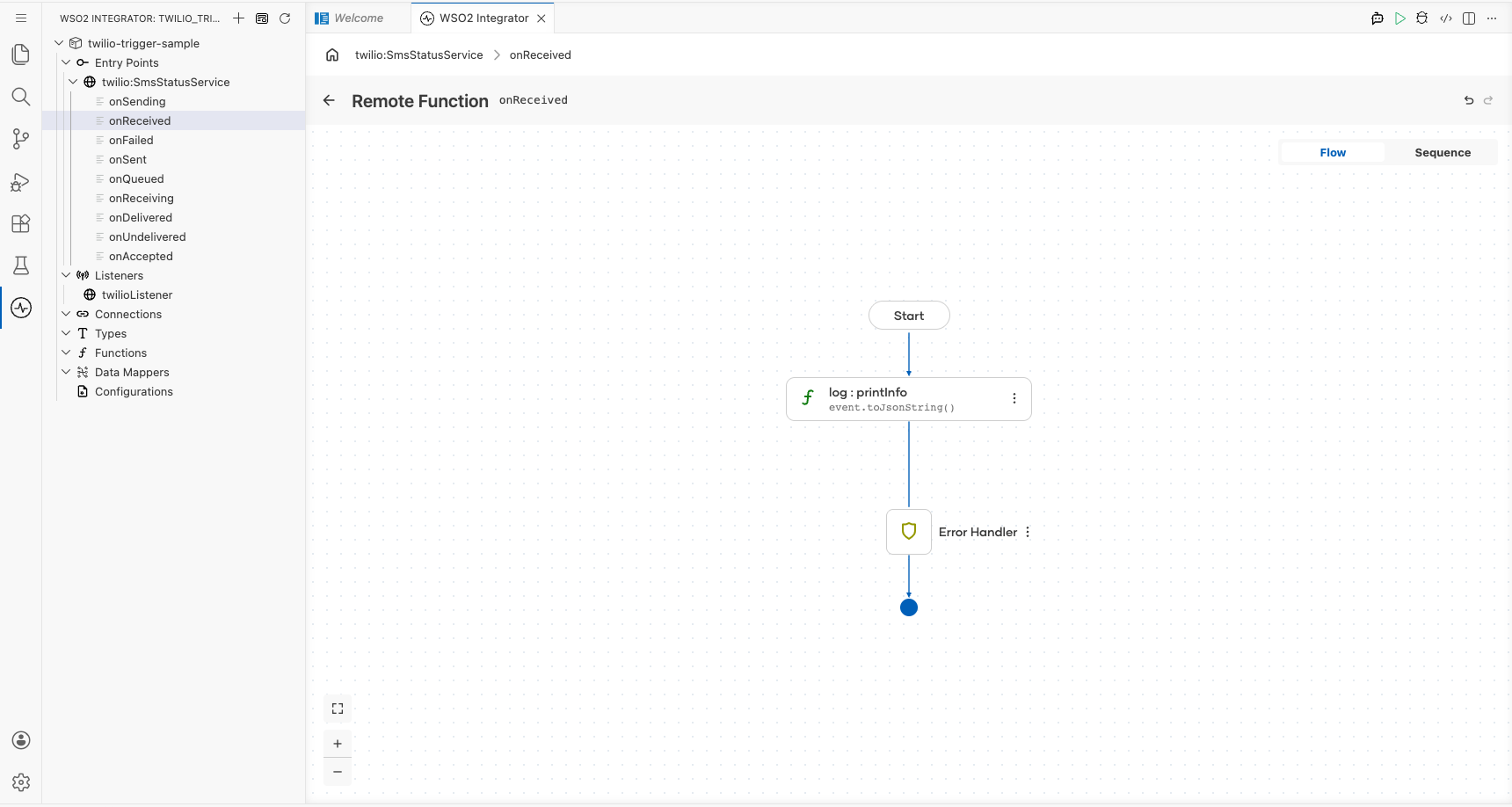onReceived flow canvas with the log:printInfo node showing event.toJsonString() as the message argument