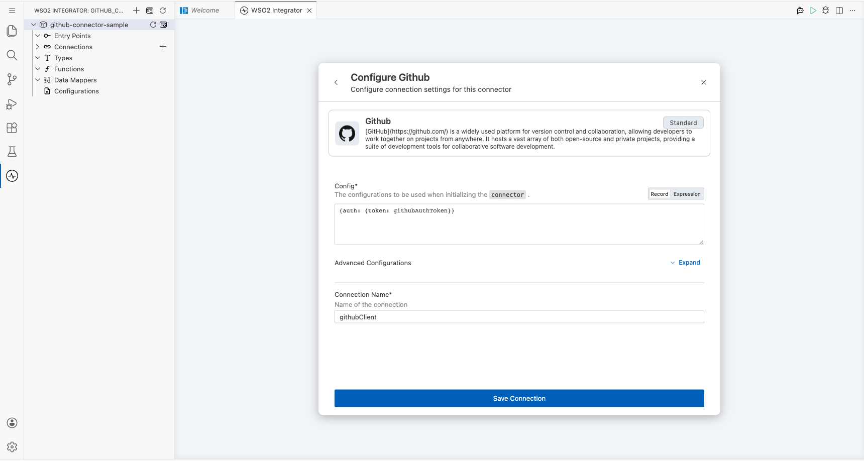 GitHub connection form fully filled with all parameters before saving