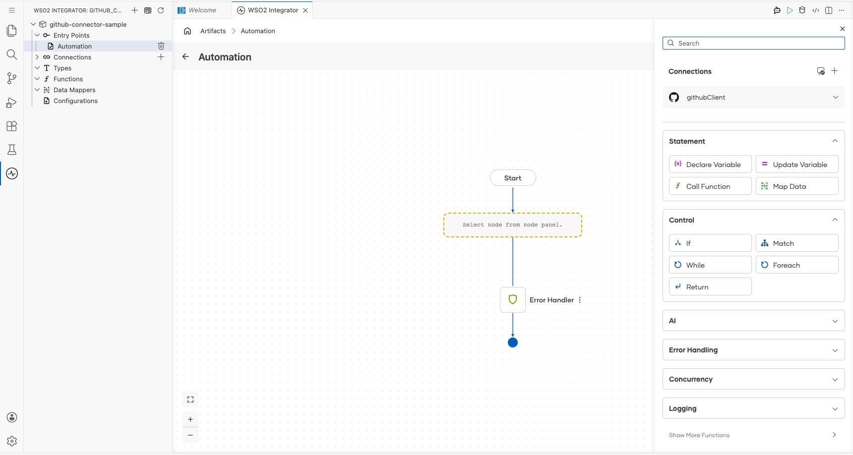 GitHub connection node expanded showing all available operations before selection
