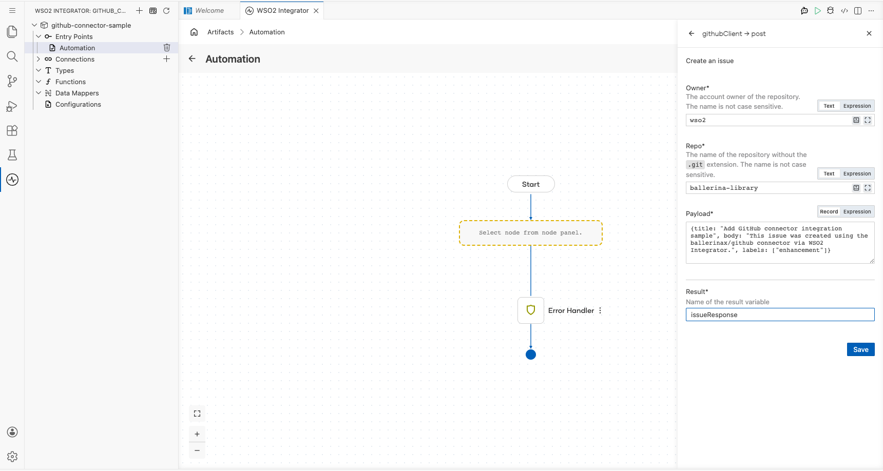 GitHub Create an issue operation configuration filled with all values
