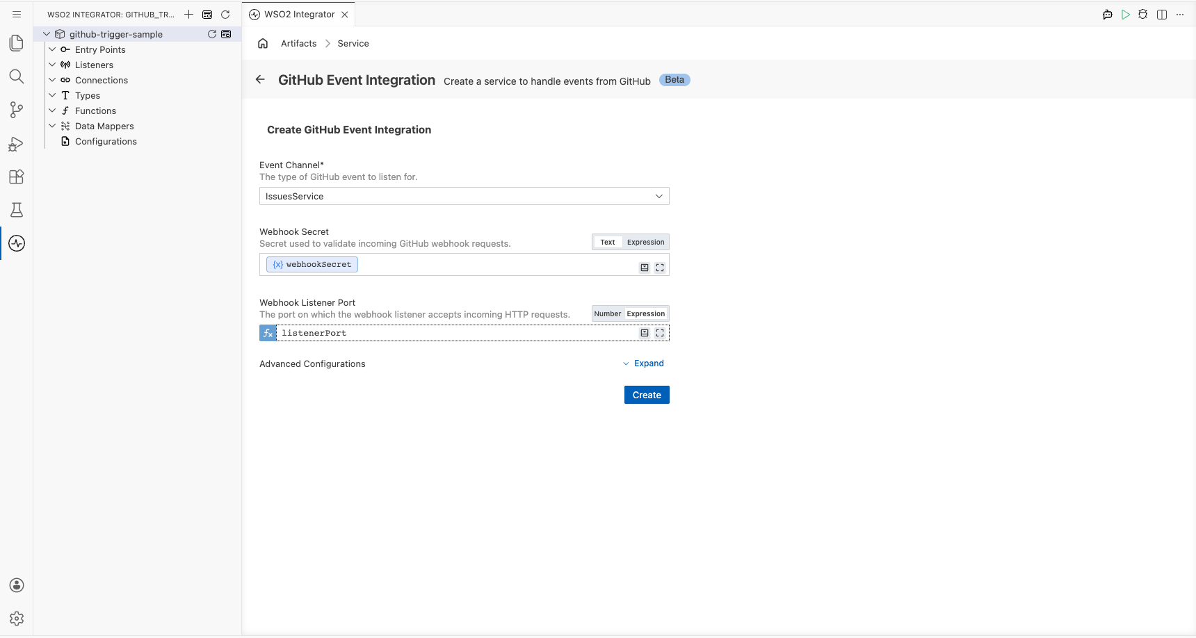 GitHub trigger configuration form fully filled with Event Channel set to IssuesService, Webhook Secret bound to webhookSecret configurable variable, and Webhook Listener Port bound to listenerPort configurable variable, with Create enabled