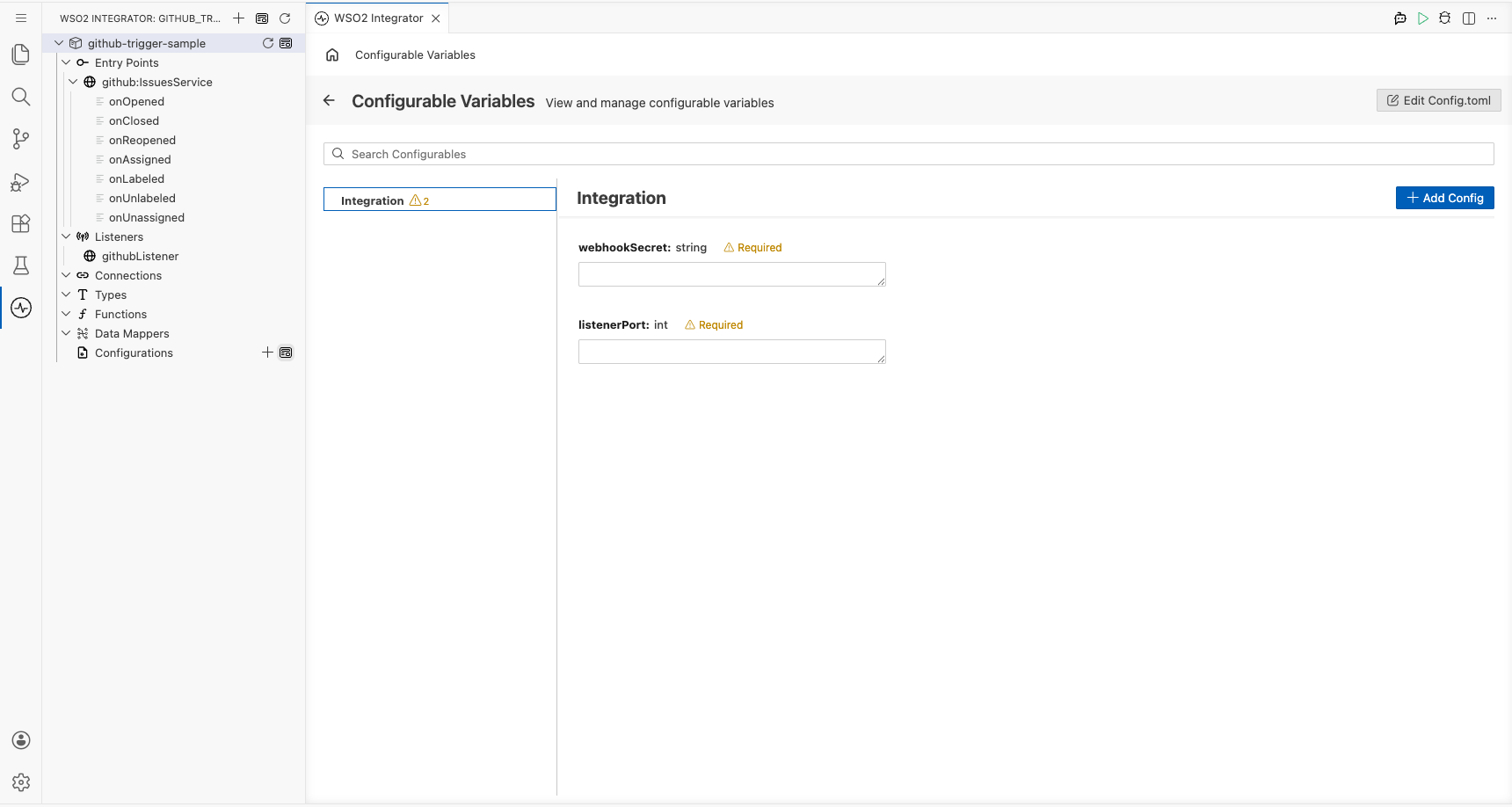 Configurations panel open showing webhookSecret (string, Required) and listenerPort (int, Required) with empty value fields