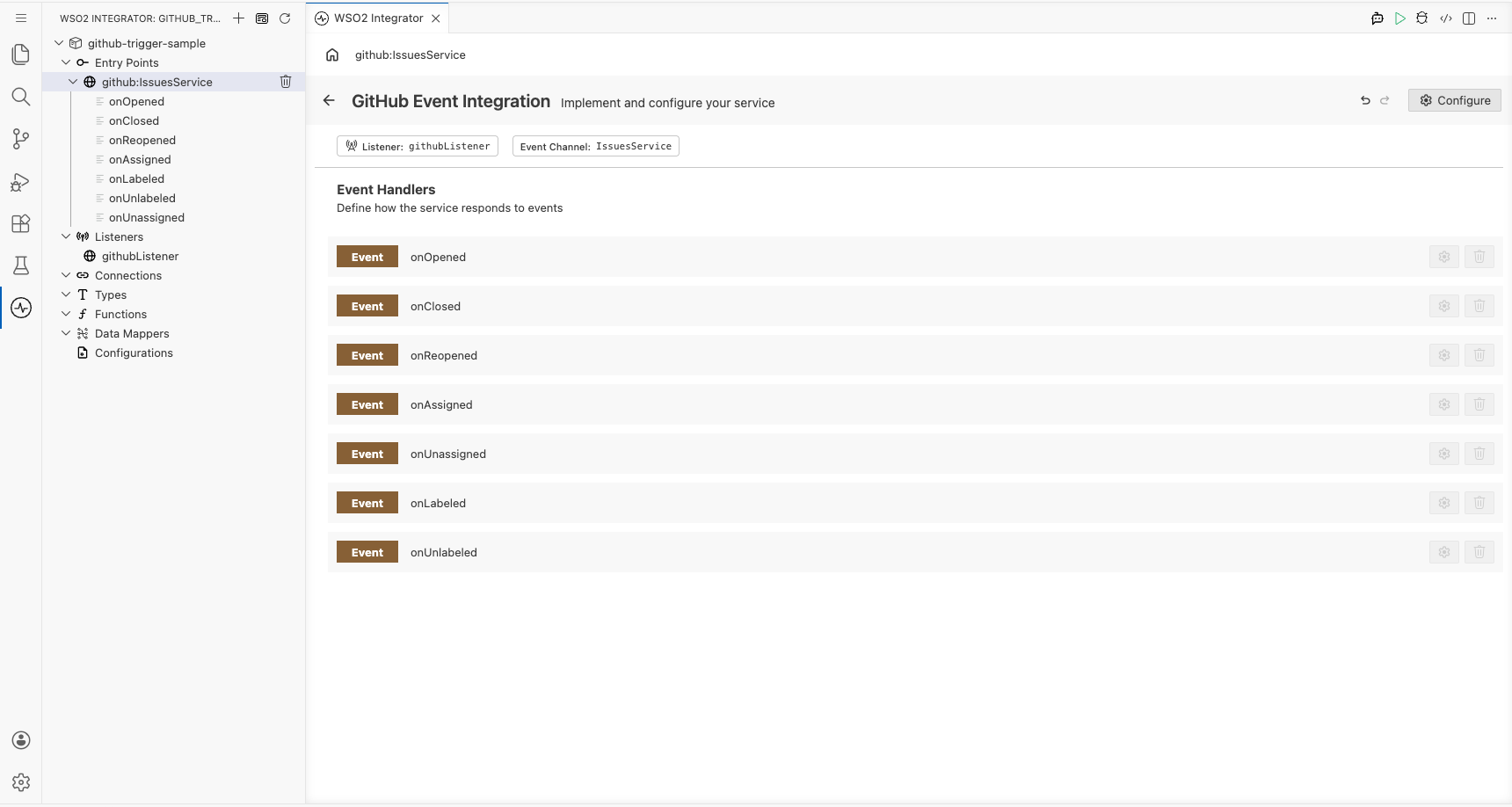 GitHub IssuesService view showing all auto-registered event handlers with the Listener and Event Channel badges visible