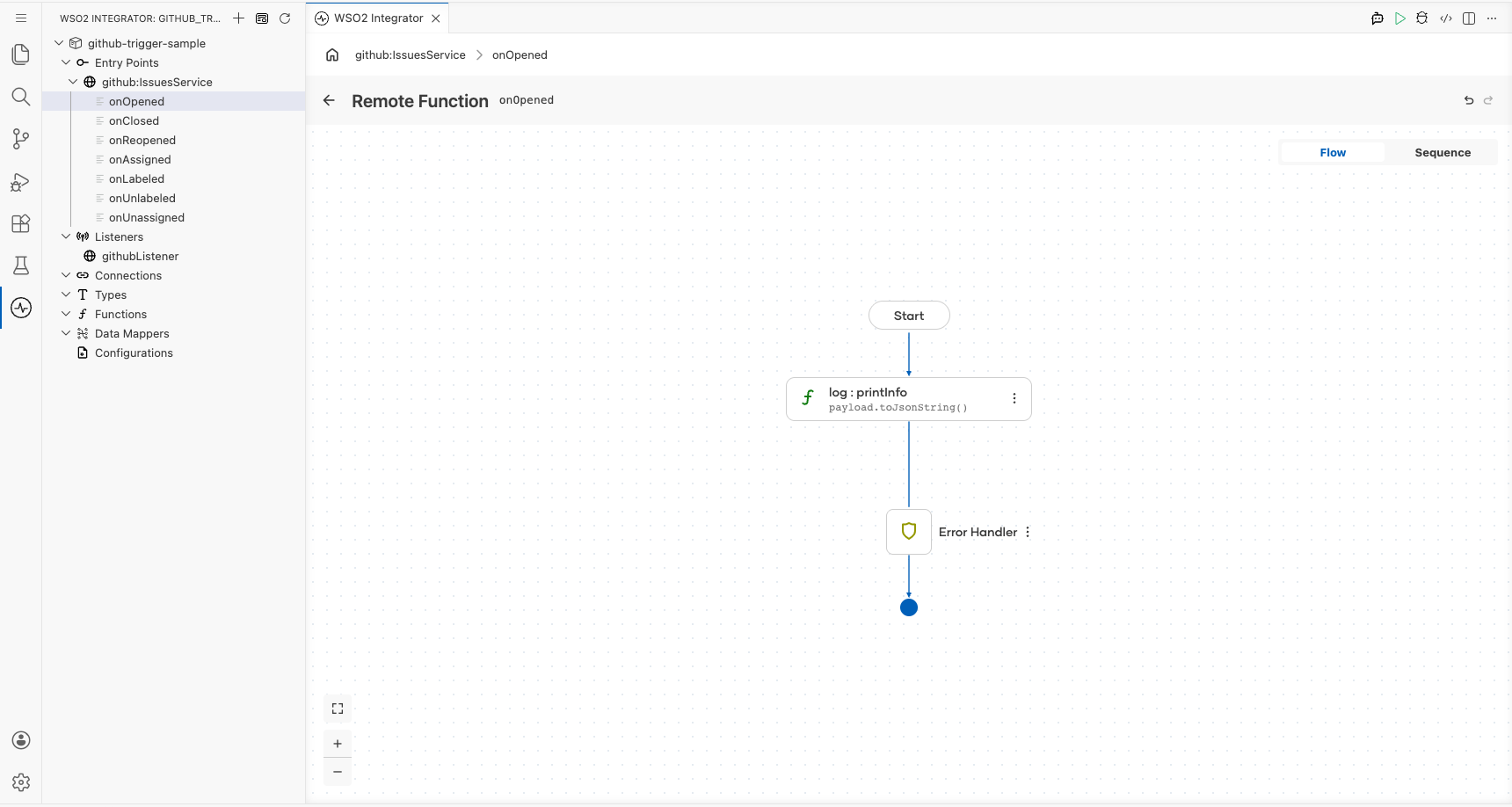 onOpened handler flow canvas showing the inserted log:printInfo node between Start and Error Handler