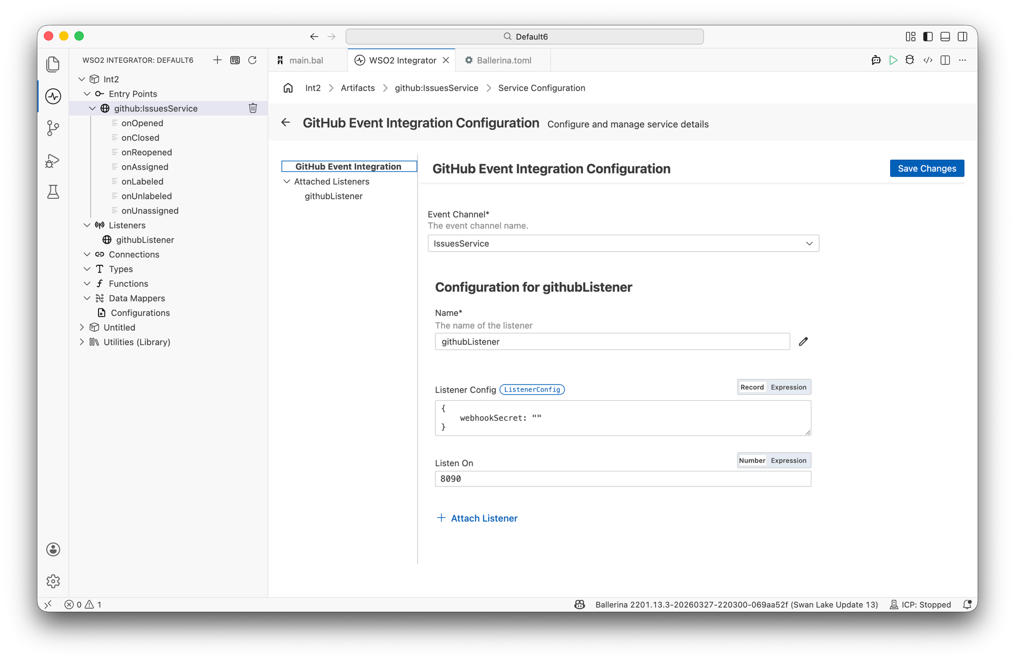GitHub Event Integration Configuration panel