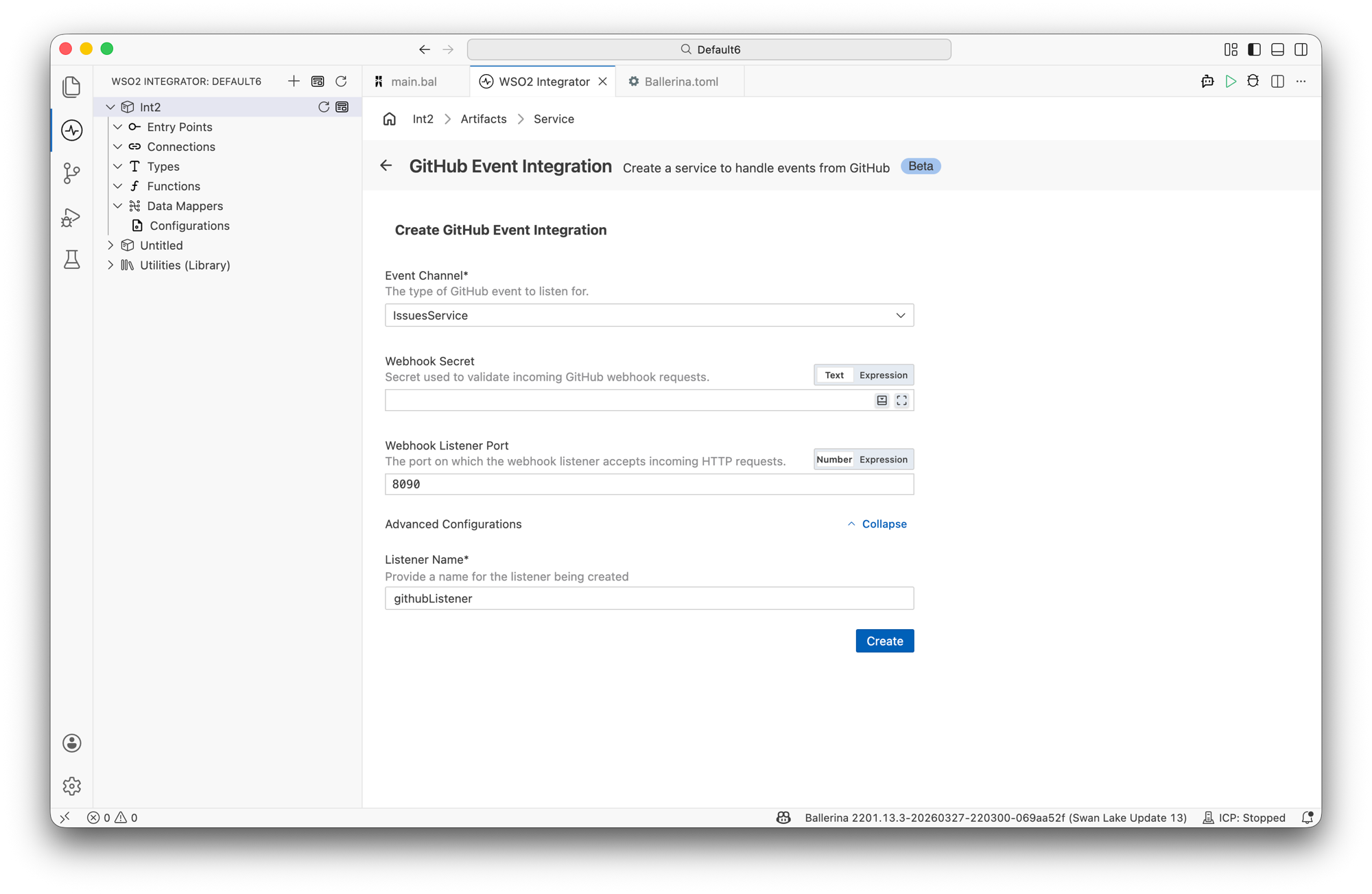 GitHub Event Integration creation form