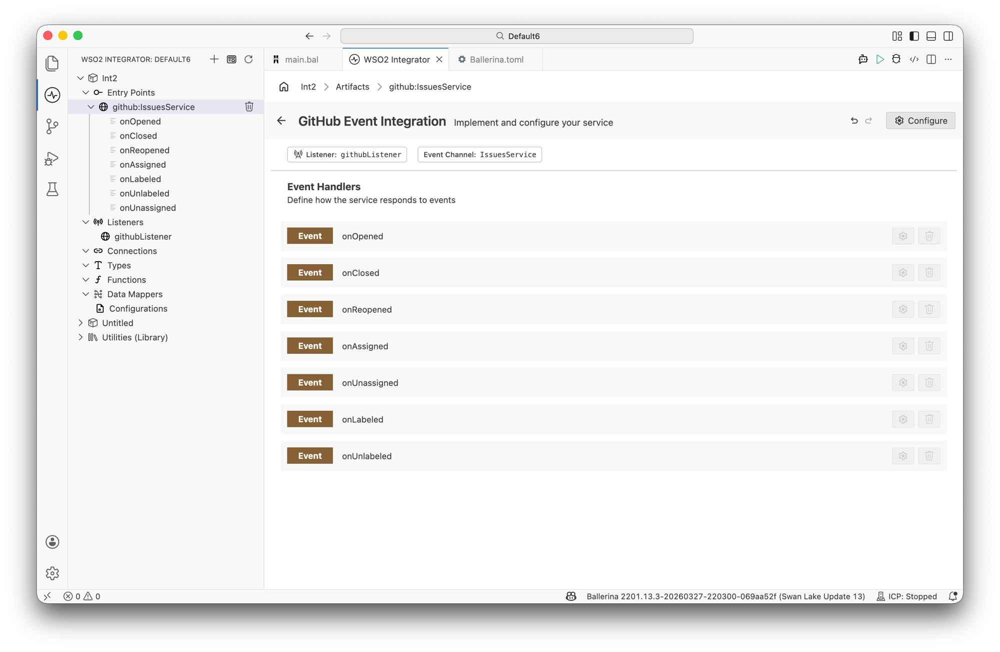 Service Designer showing the GitHub Event Integration canvas
