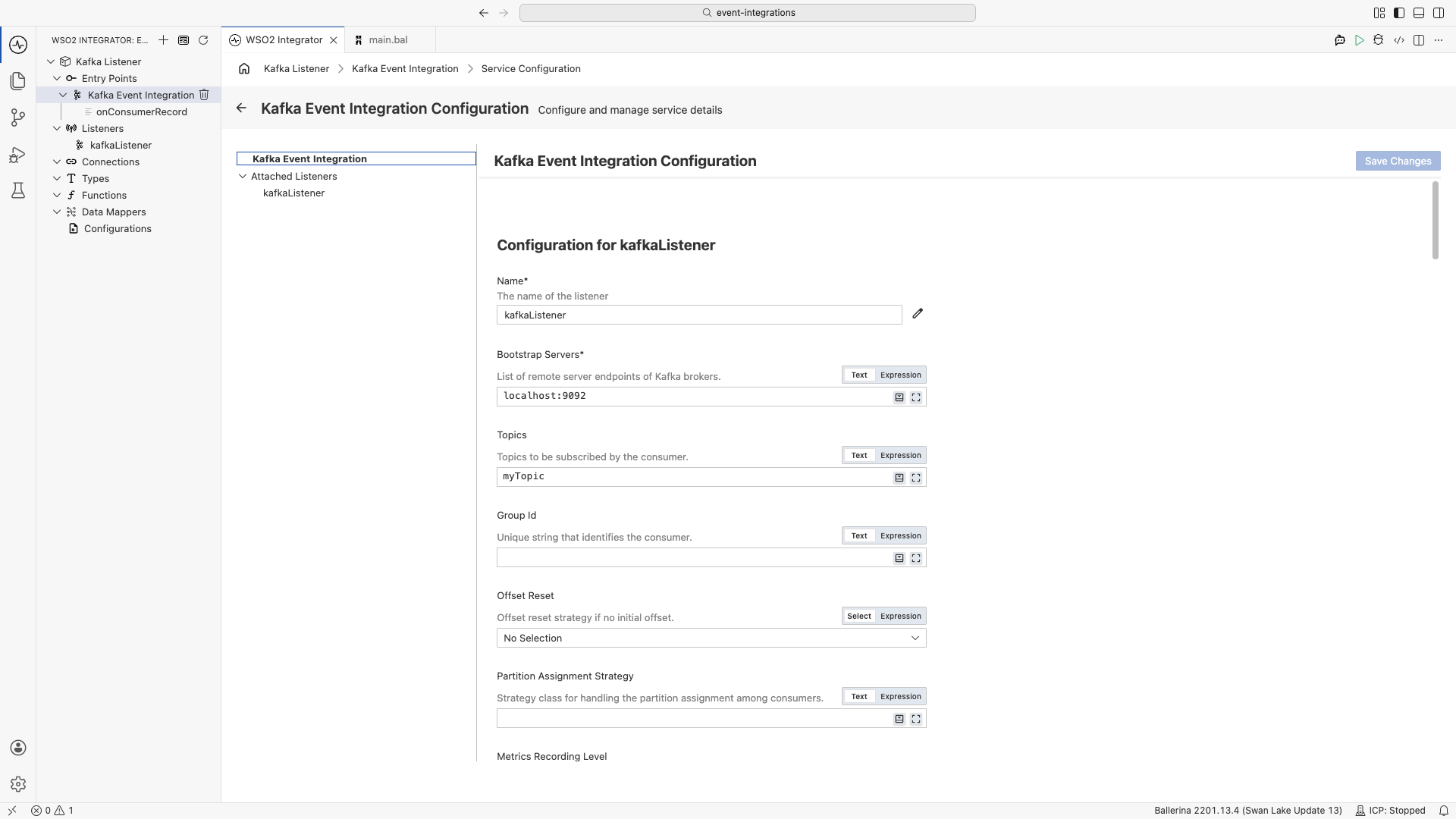 Kafka Listener Configuration panel