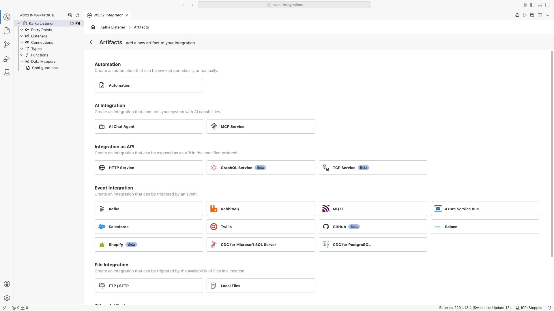 Artifacts panel showing Kafka under Event Integration