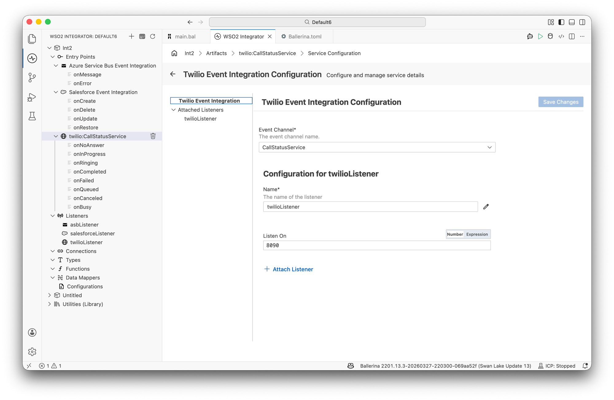 Twilio Event Integration Configuration panel