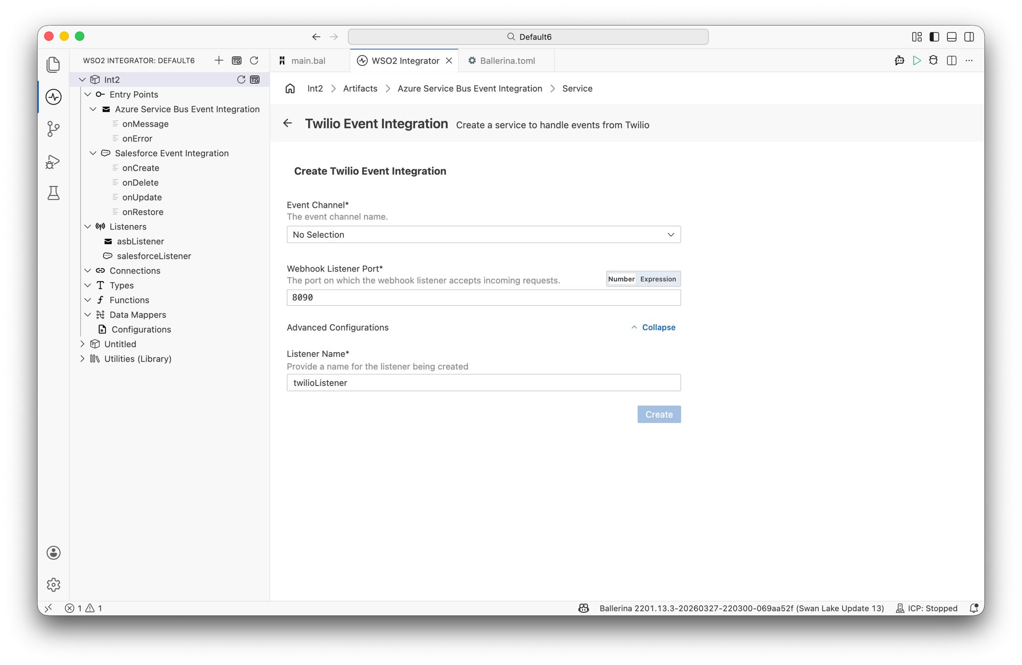 Twilio Event Integration creation form