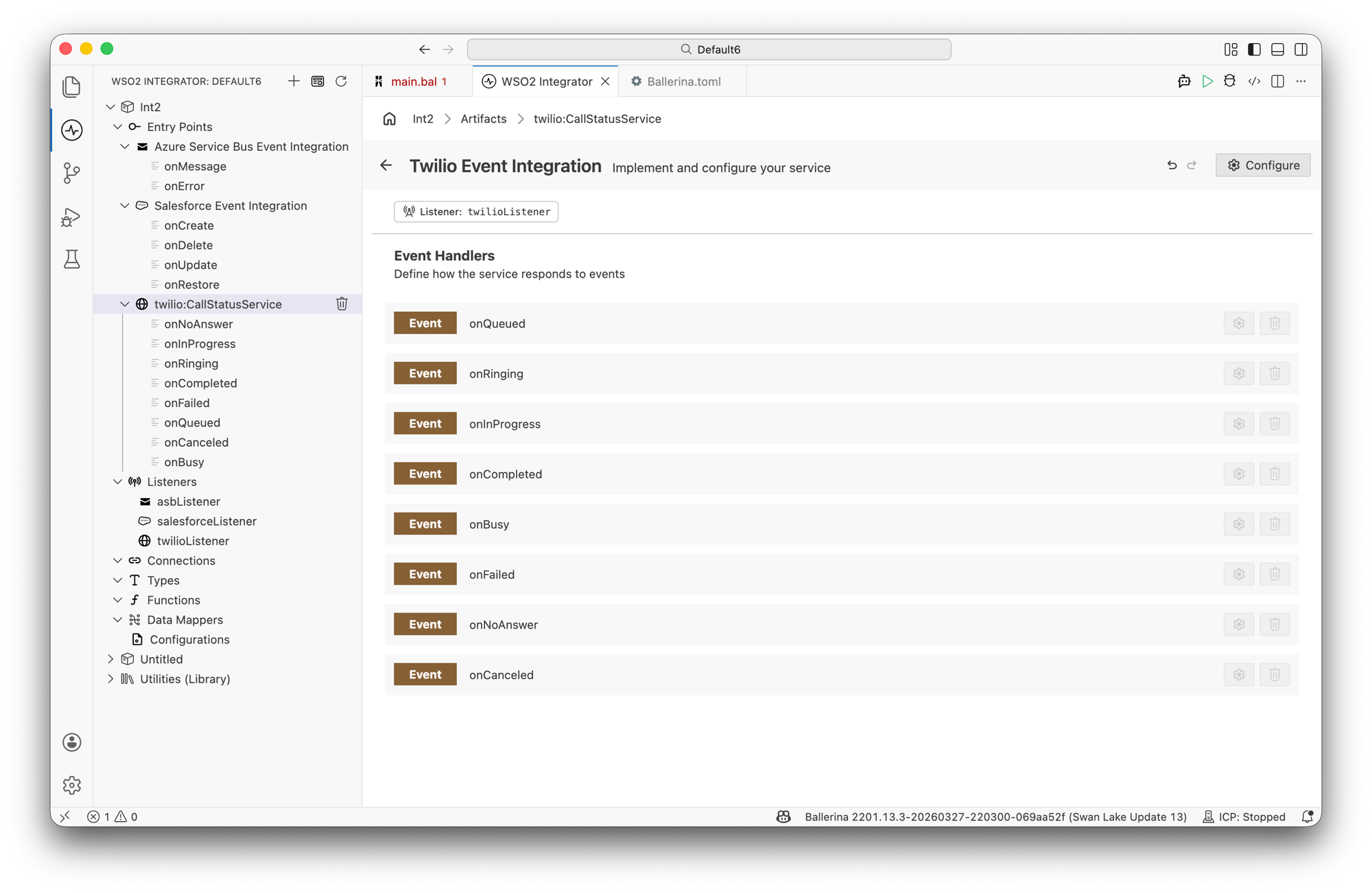 Service Designer showing the Twilio Event Integration canvas