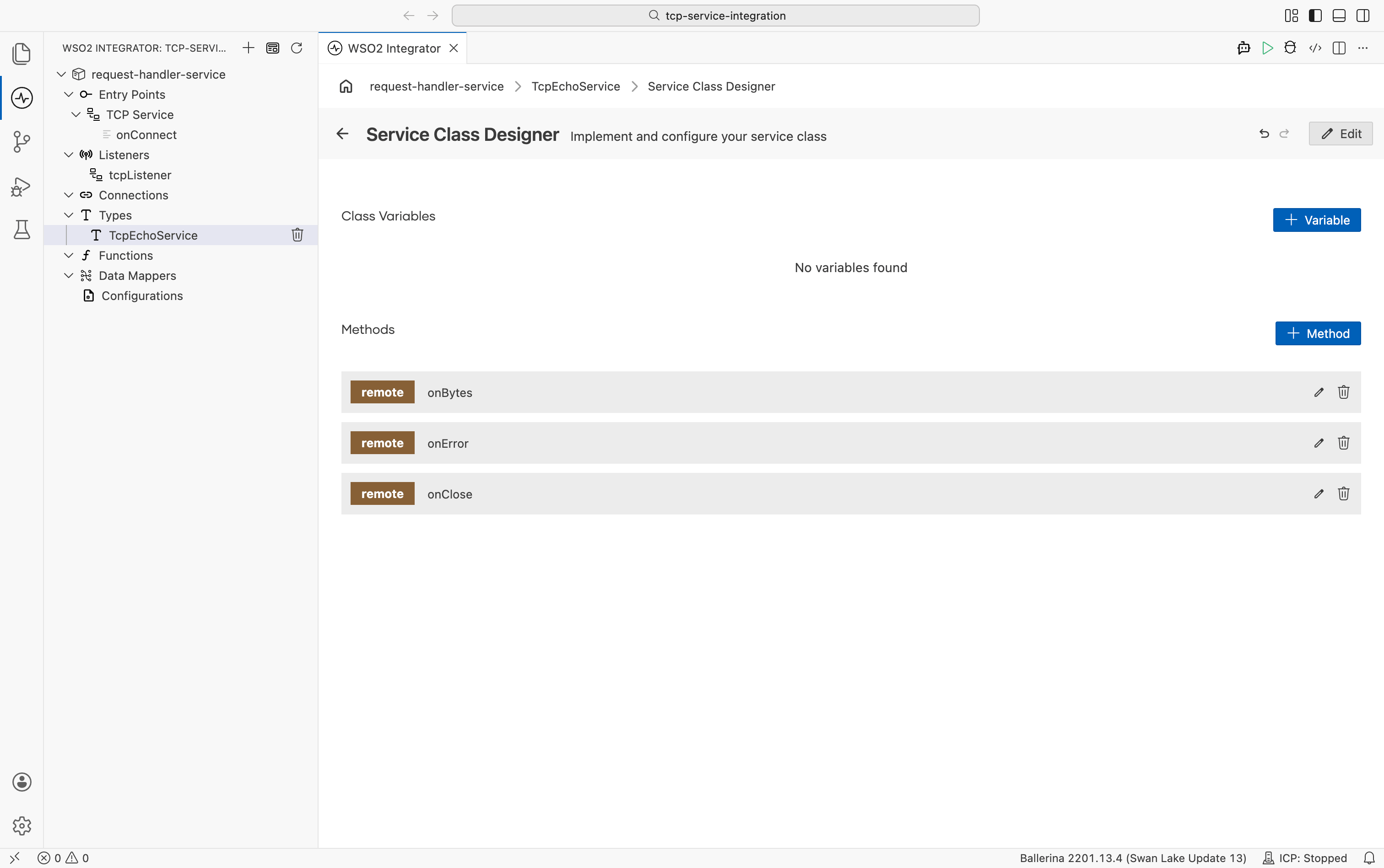 Service Class Designer showing Class Variables and Methods for TcpEchoService with onBytes, onError, and onClose remote functions