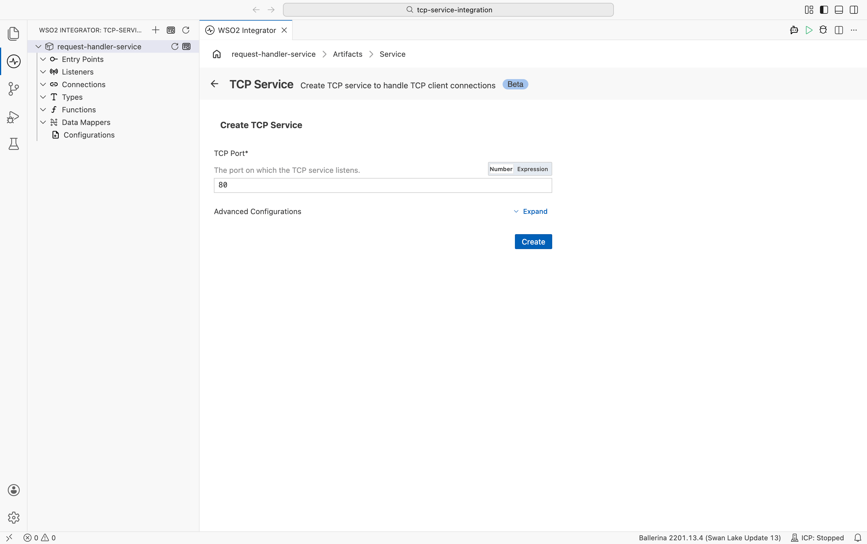 TCP Service creation form showing the TCP Port field and Advanced Configurations