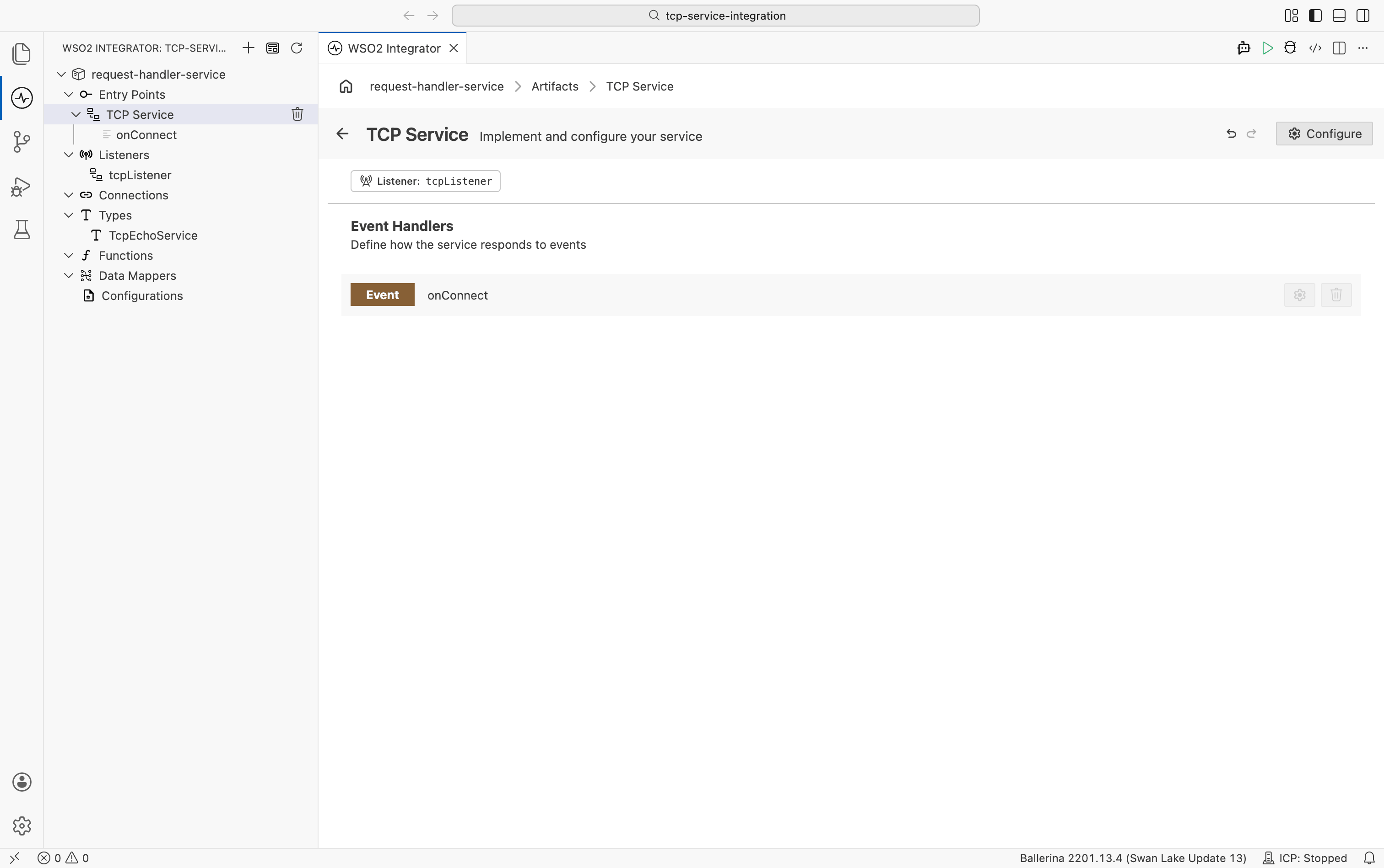 TCP Service Designer showing the tcpListener pill and the onConnect event handler row