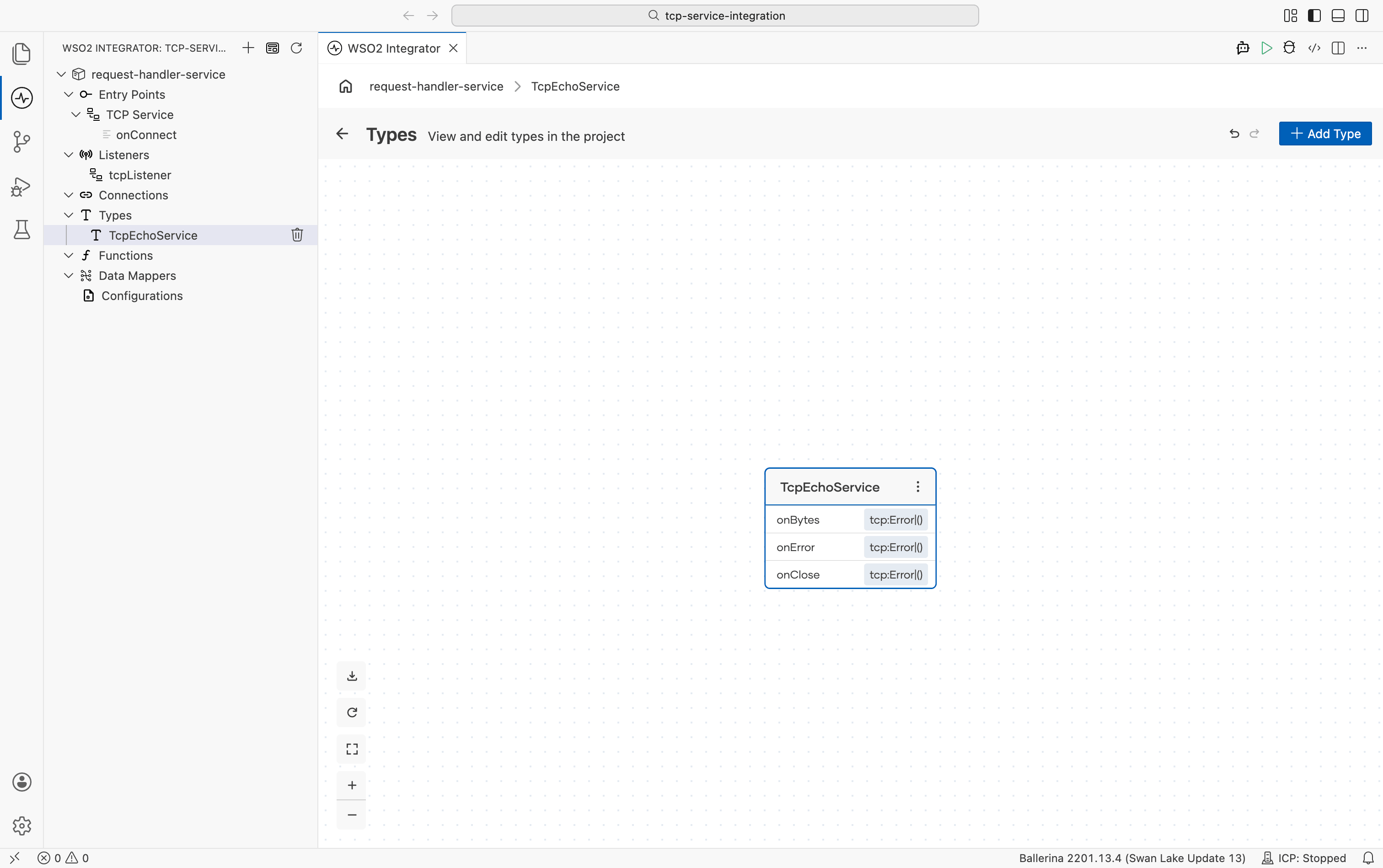 Types view showing the TcpEchoService type node with onBytes, onError, and onClose methods