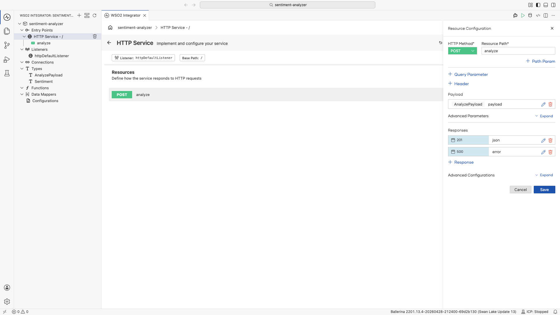 POST analyze resource configured with the AnalyzePayload request body