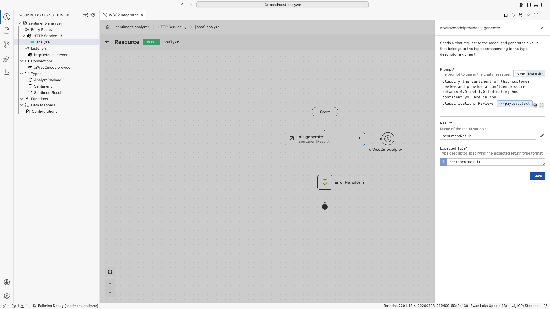 Configuring the Generate action with the classification prompt and SentimentResult as the expected return type
