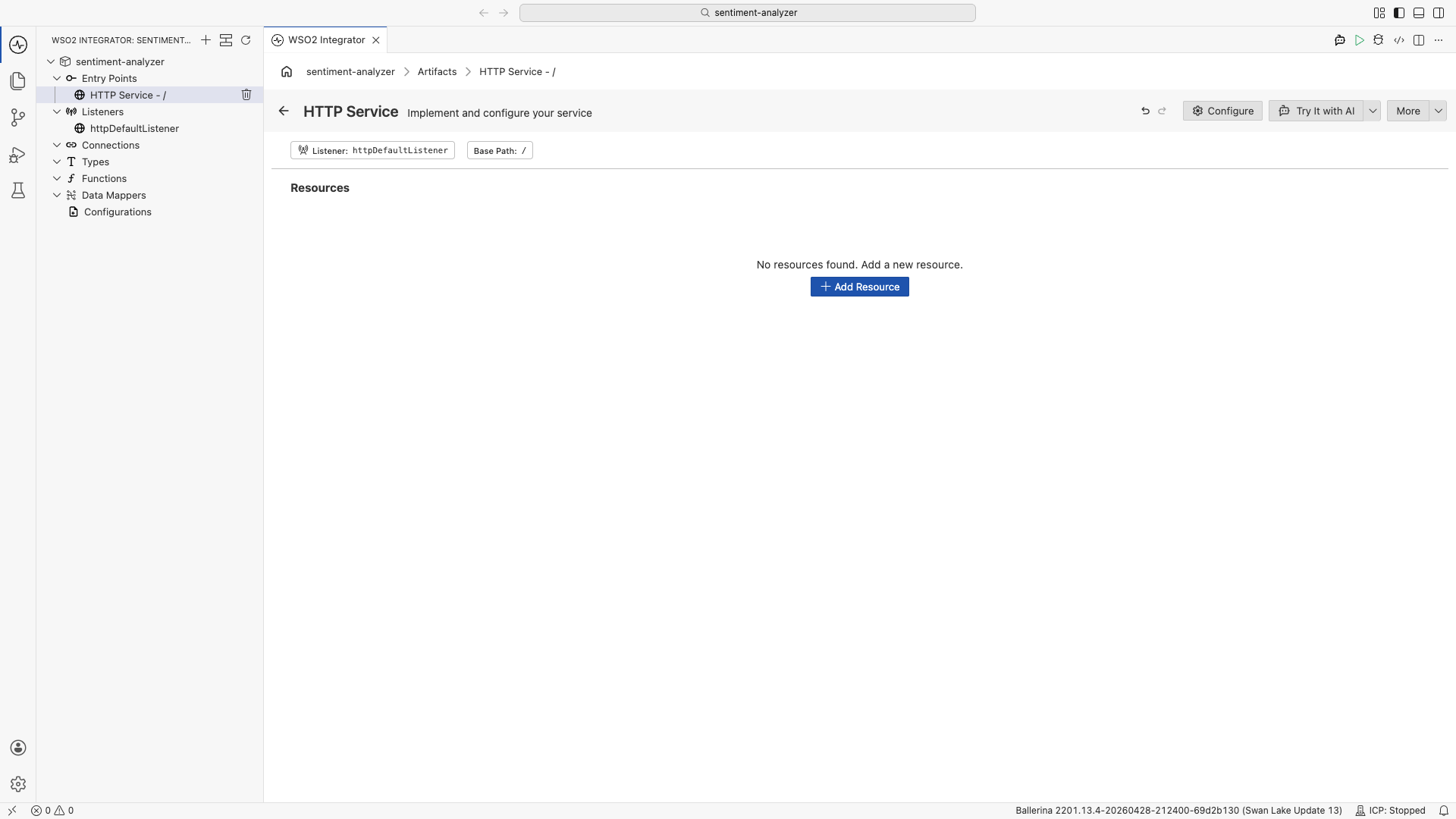 Empty HTTP Service view with base path / and the default listener