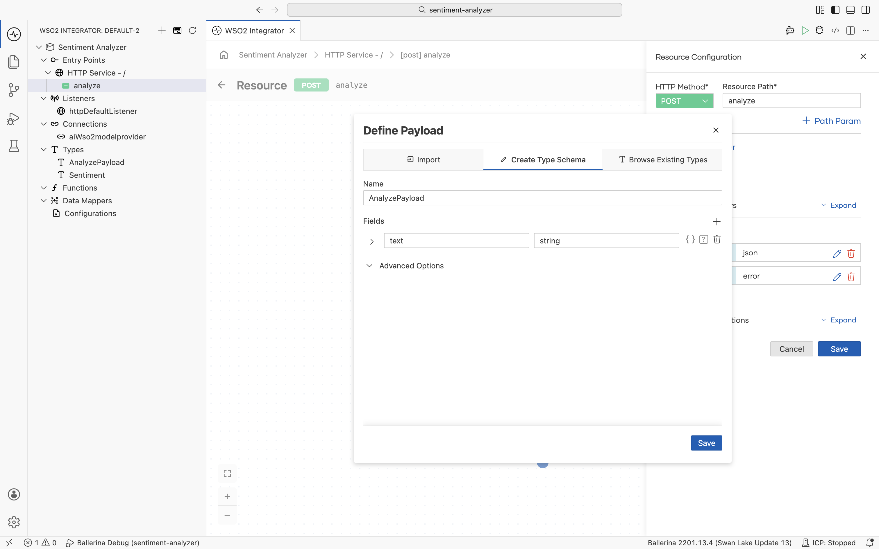 Define Payload popup with Create Type Schema selected, name set to AnalyzePayload, and a text field of type string