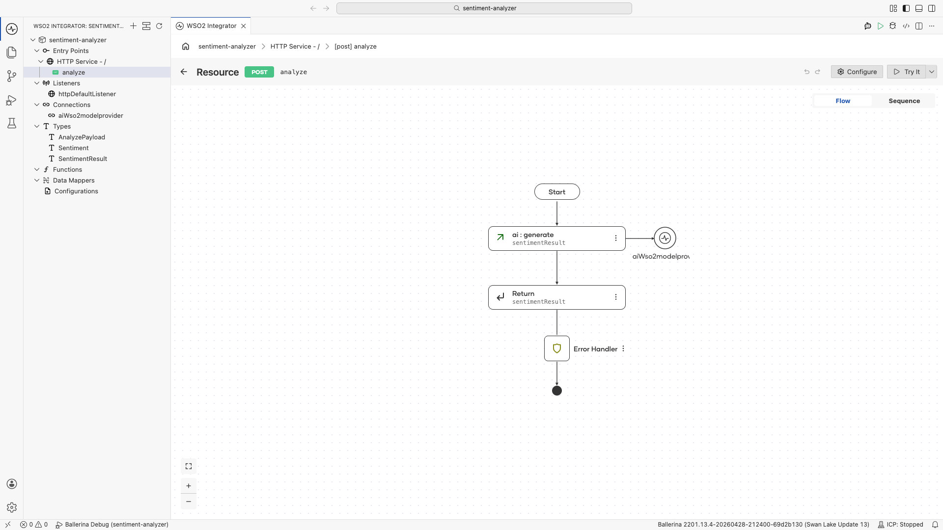 Final flow with Start, ai:generate, Return, and the WSO2 model provider connection