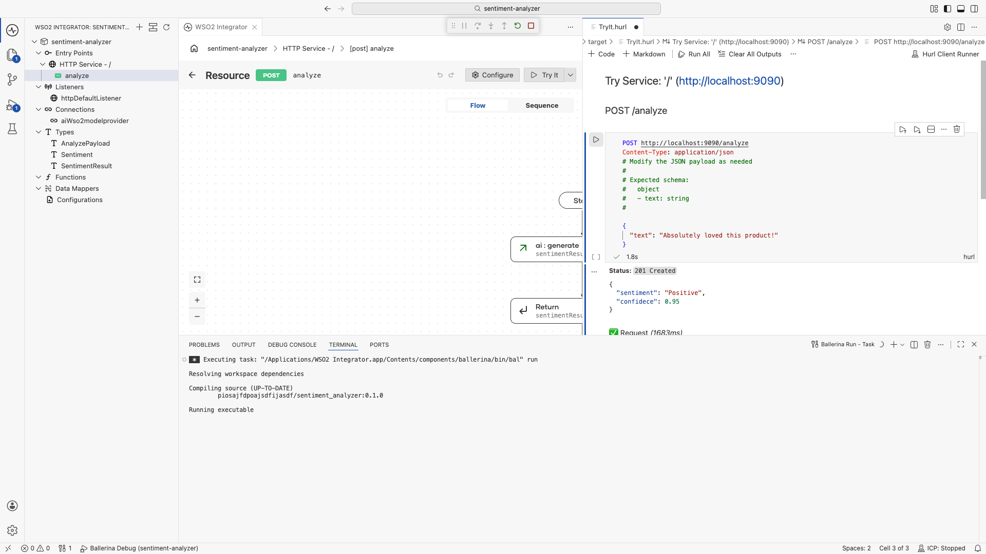 Running the integration and testing it with the Try It panel showing a POSITIVE sentiment response with a confidence score