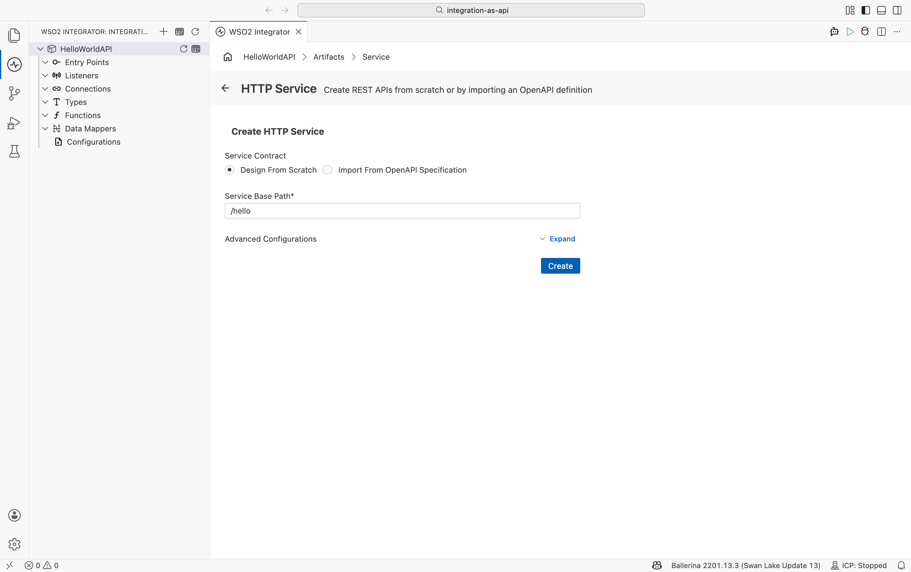 Selecting HTTP Service in the Add Artifact panel and setting the base path to /hello