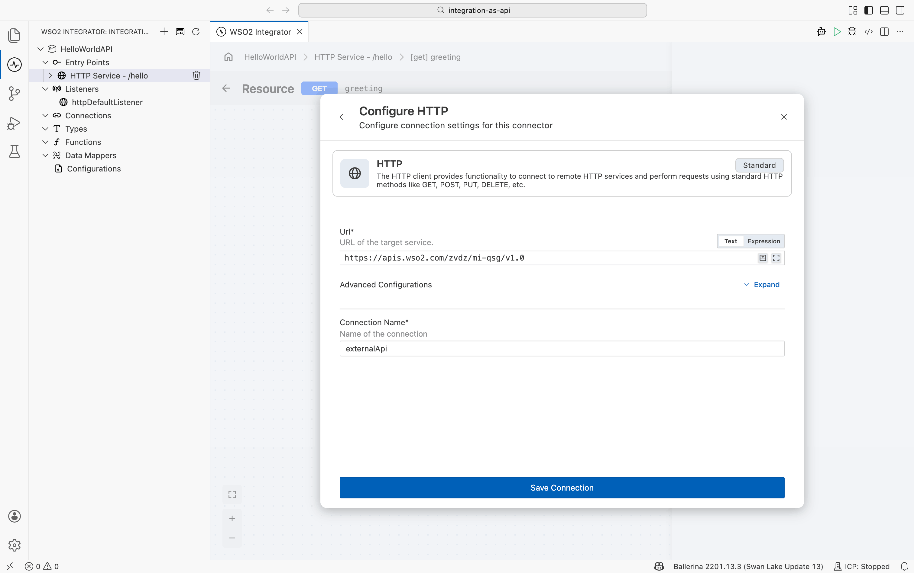 Configuring an HTTP connection to the external API in the Add Connection panel