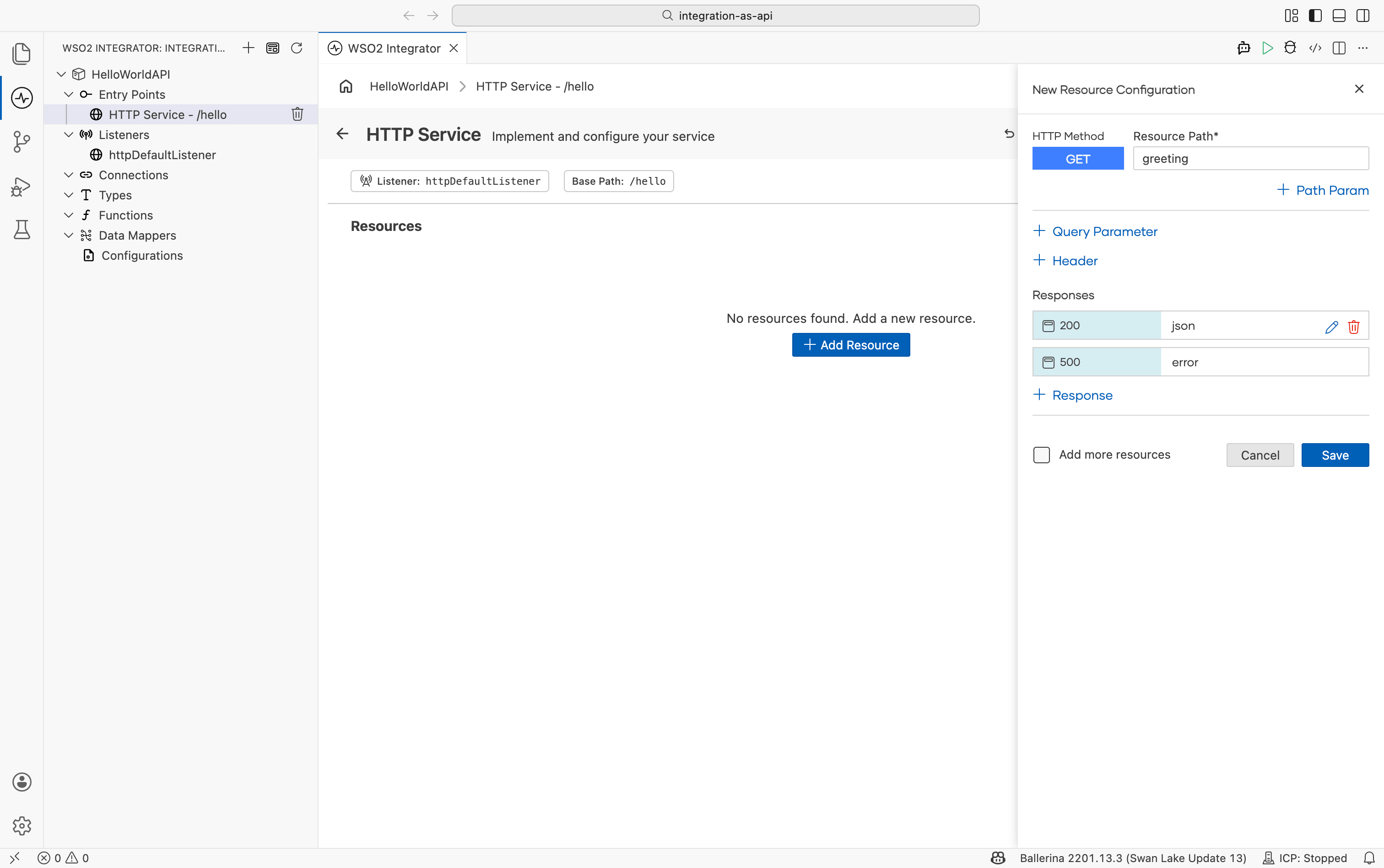 Adding a GET resource at the /greeting path in the HTTP service designer