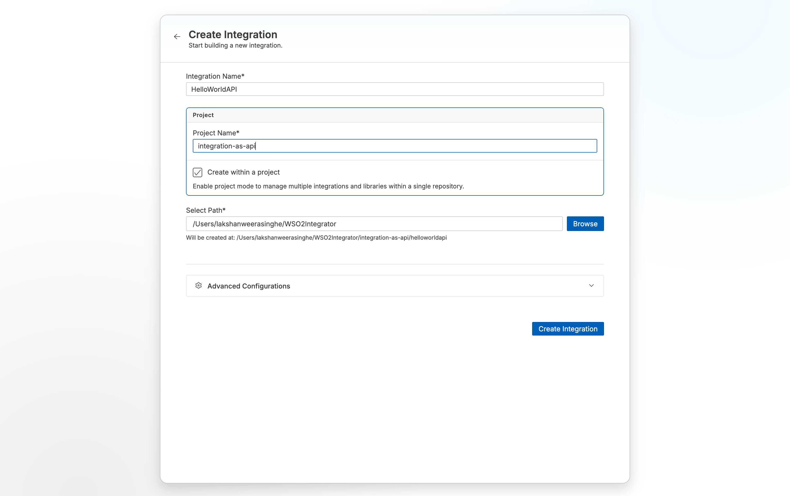 Create new integration form with Integration Name set to HelloWorldAPI and Project Name set to integration-as-api