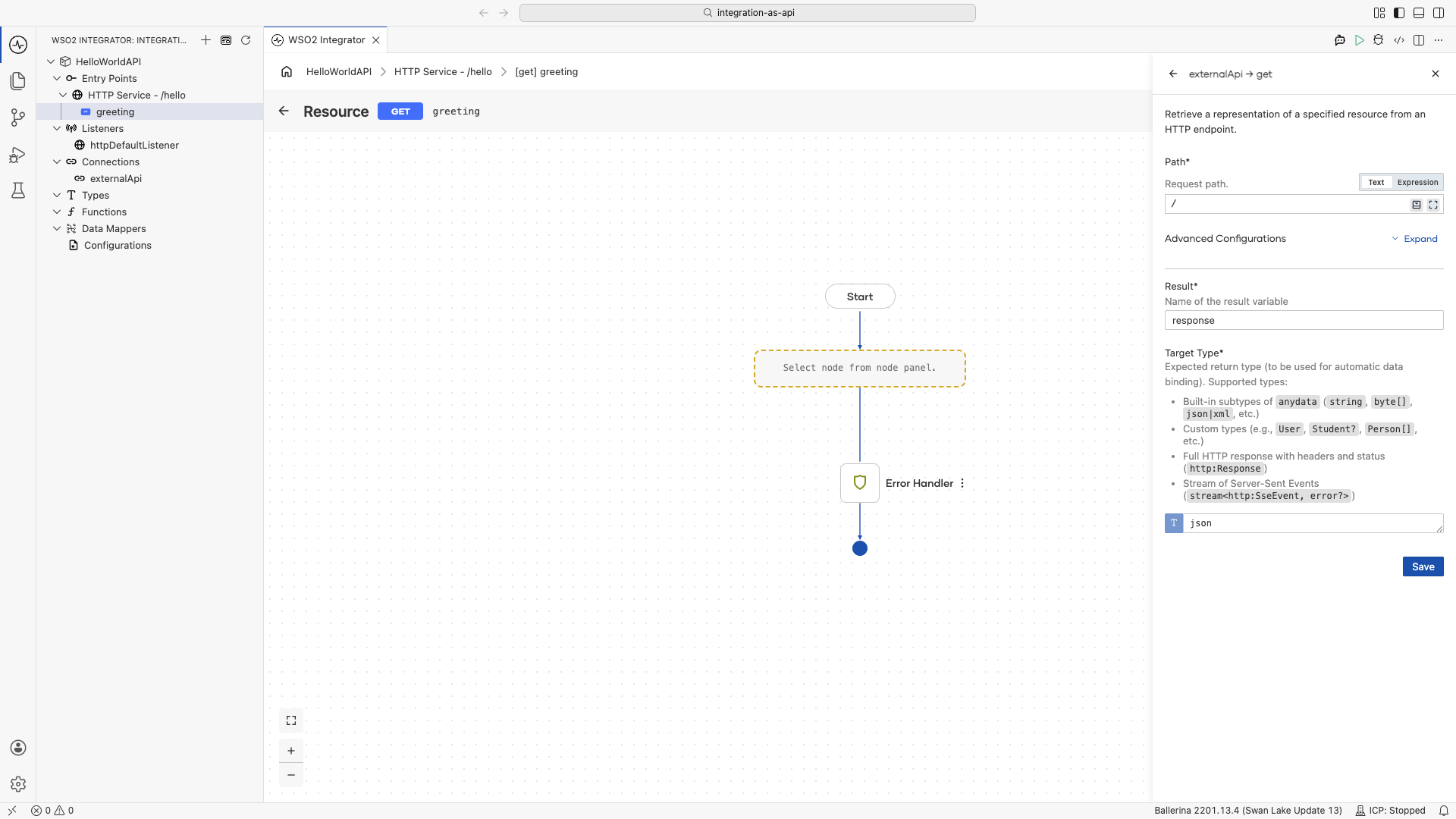 Configuring the GET call on the externalApi connection with path / and result variable response