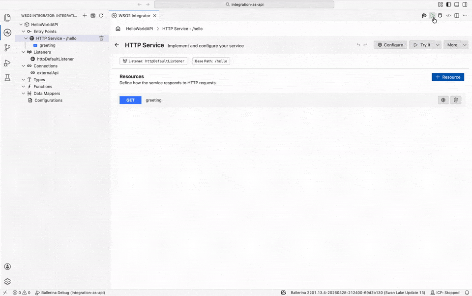 Running the integration and testing it with the Try It panel showing a 200 OK response