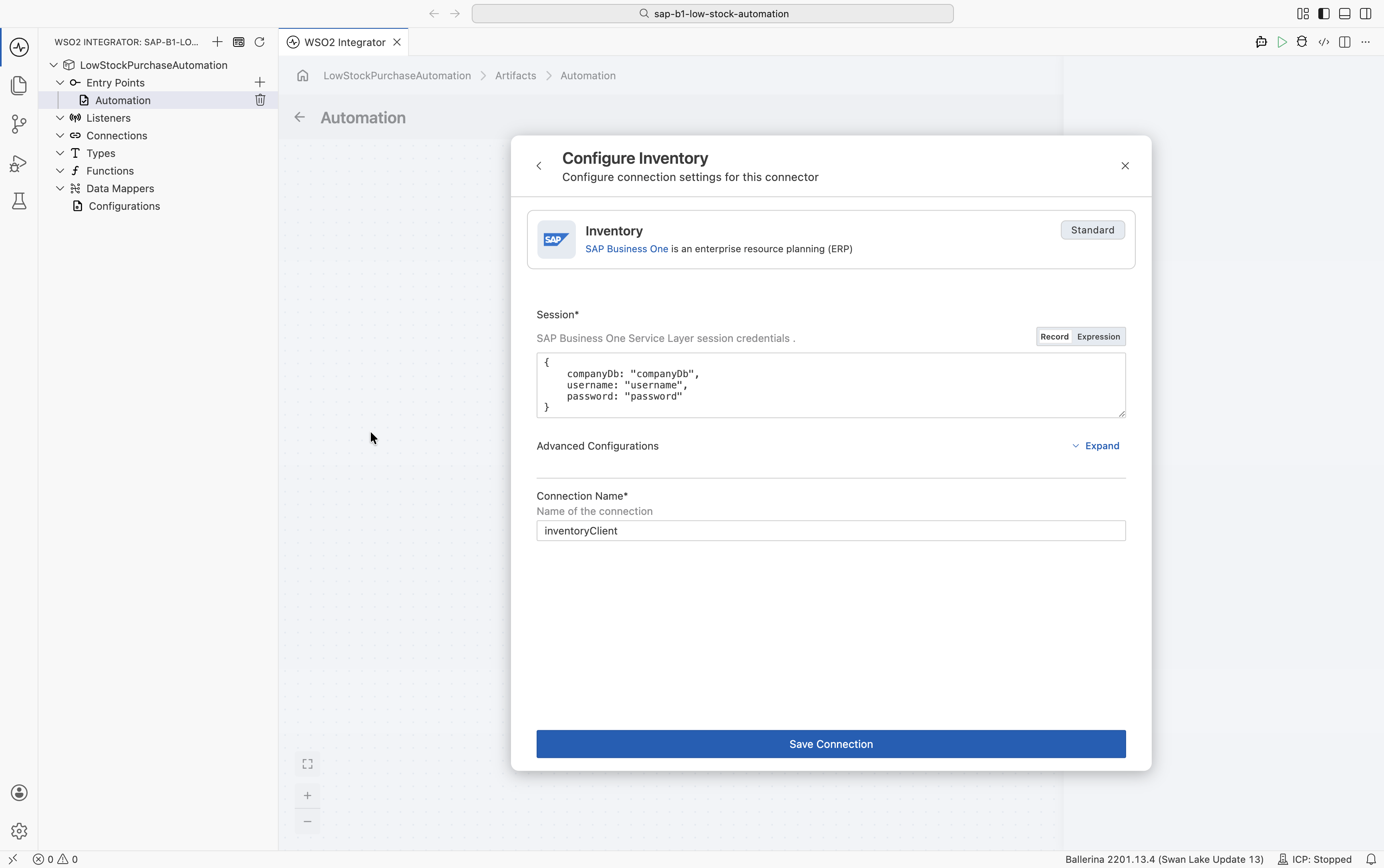 Configure Inventory connection dialog with the SAP Business One session record (companyDb, username, password) and the connection named inventoryClient