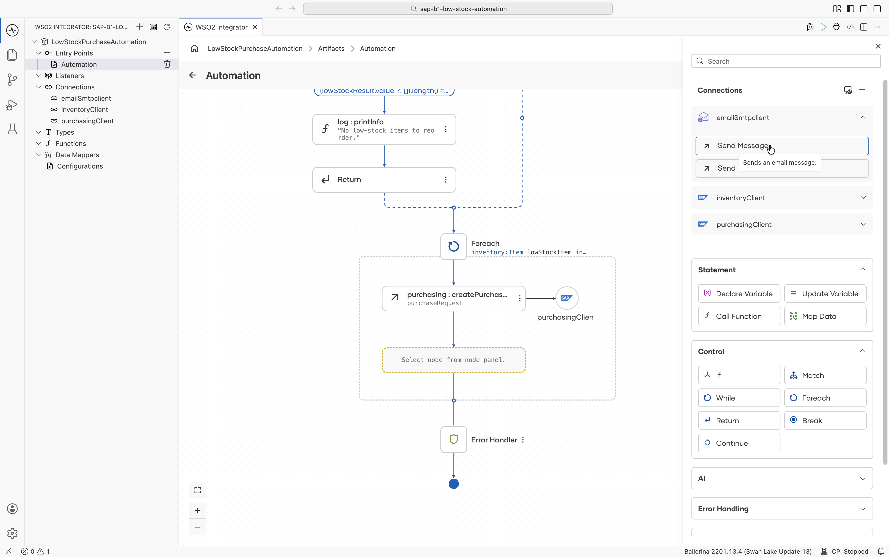 Node panel with the emailSmtpclient connection expanded and Send Message selected to add the operation to the flow