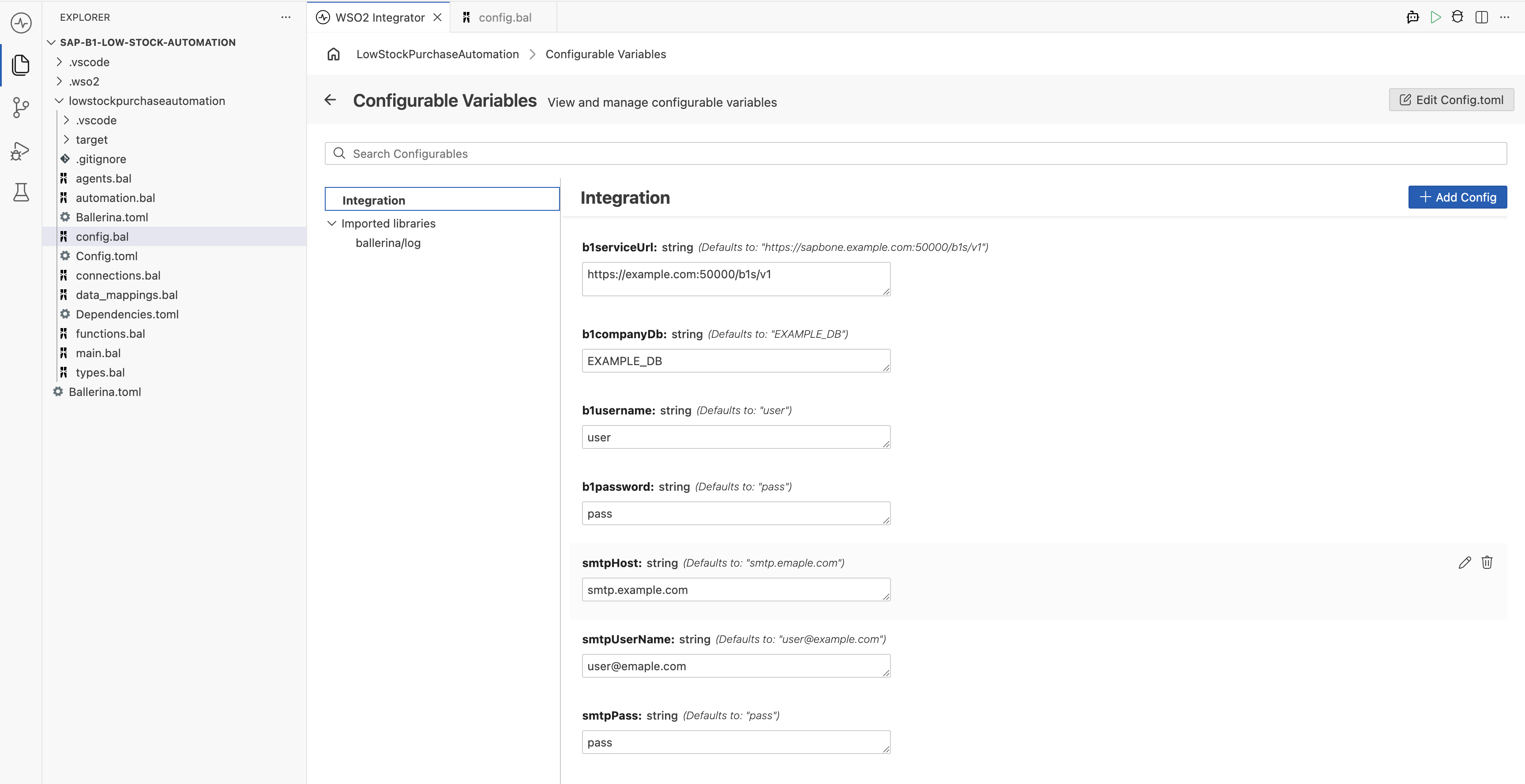 Configurable Variables panel with the SAP Business One and SMTP configurable values filled in