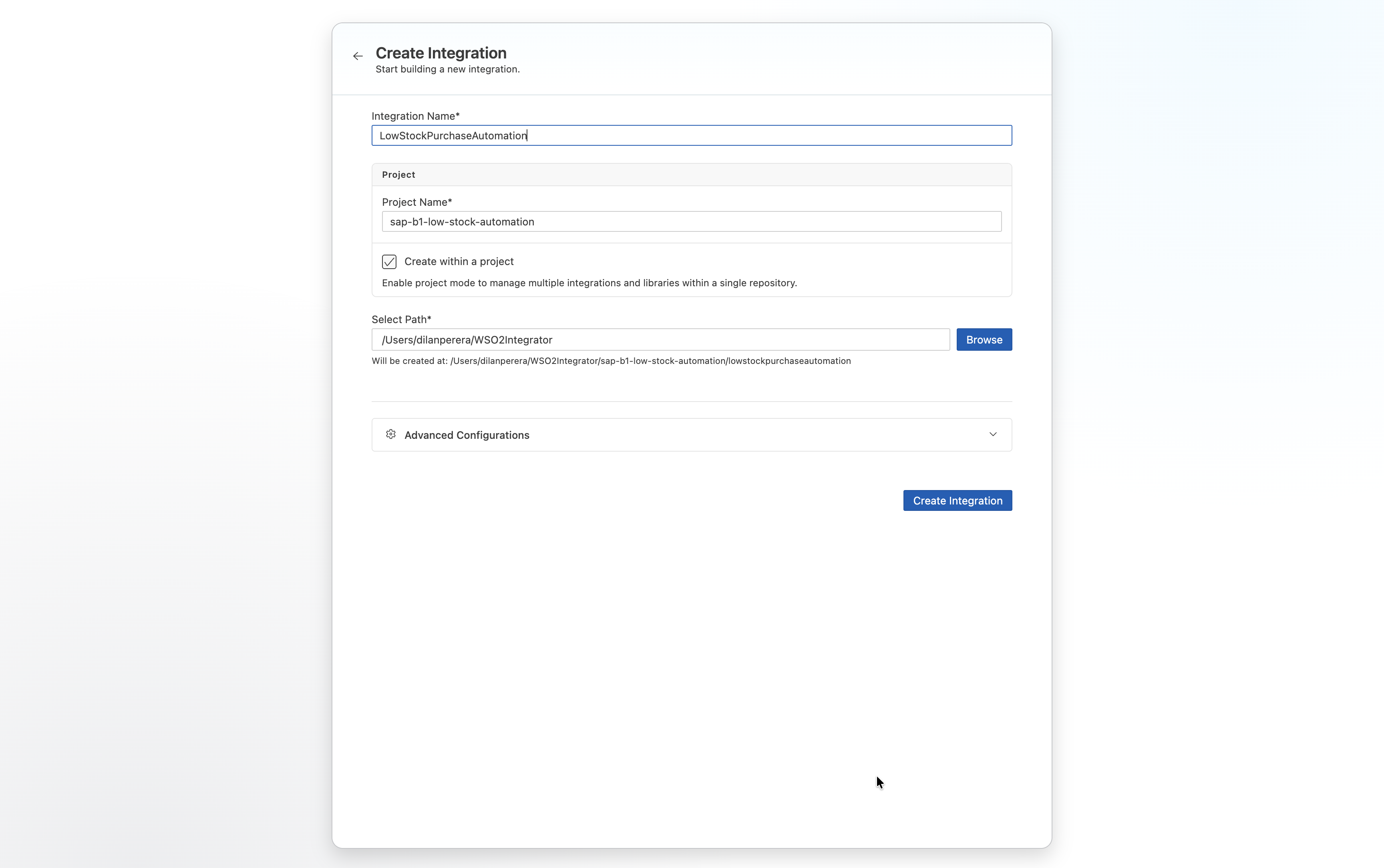 Create Integration dialog with the integration name LowStockPurchaseAutomation and project name sap-b1-low-stock-automation filled in