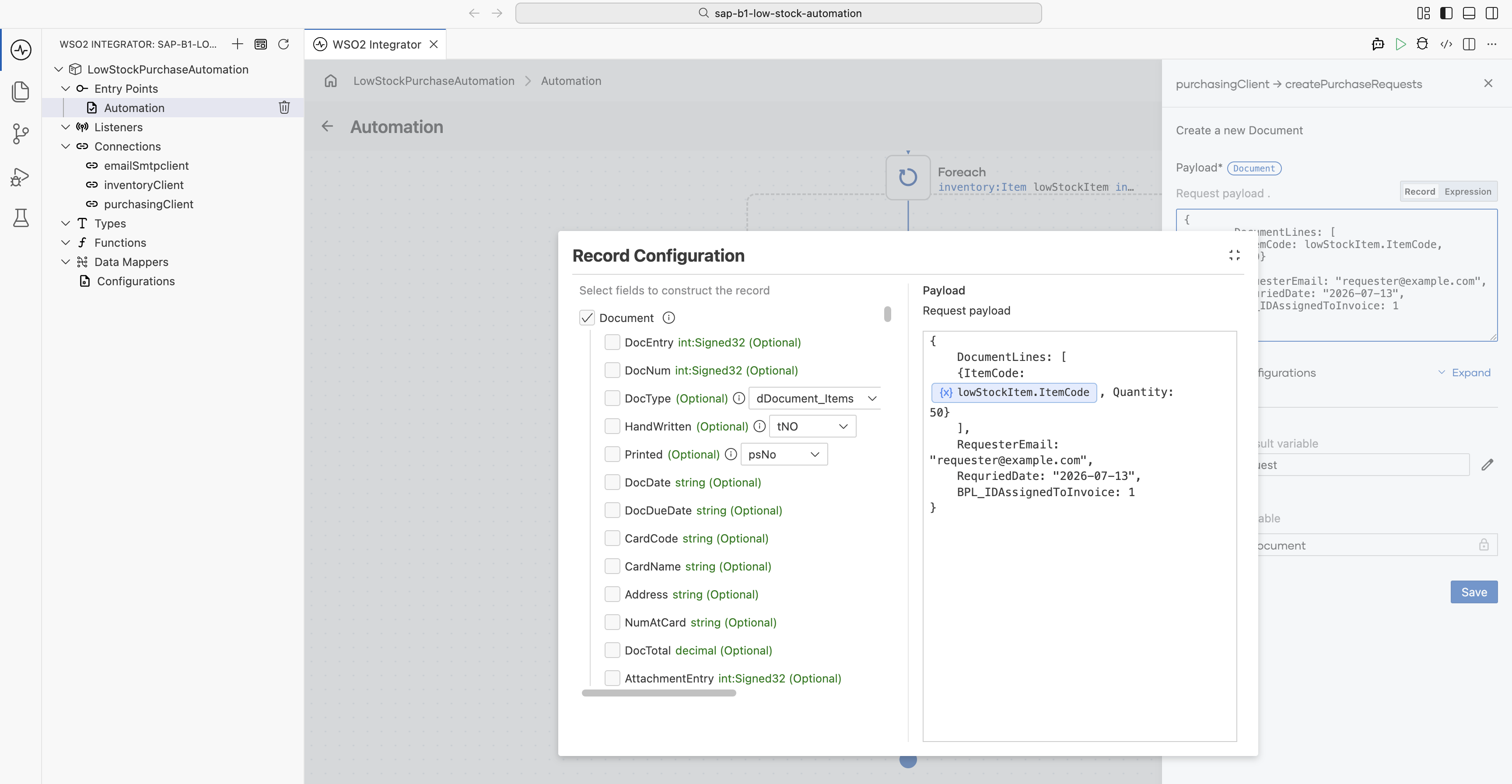 Create Purchase Requests operation payload with DocumentLines, RequesterEmail, RequriedDate, and BPL_IDAssignedToInvoice set on the Document record