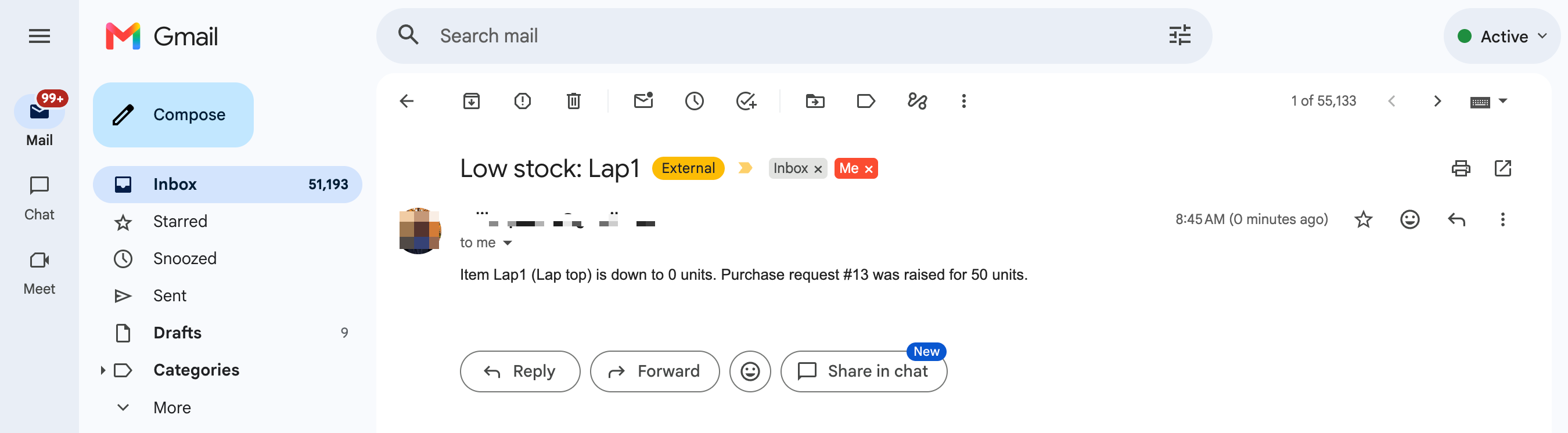 Gmail inbox showing a received low-stock alert email with the item, quantity on stock, and purchase request number