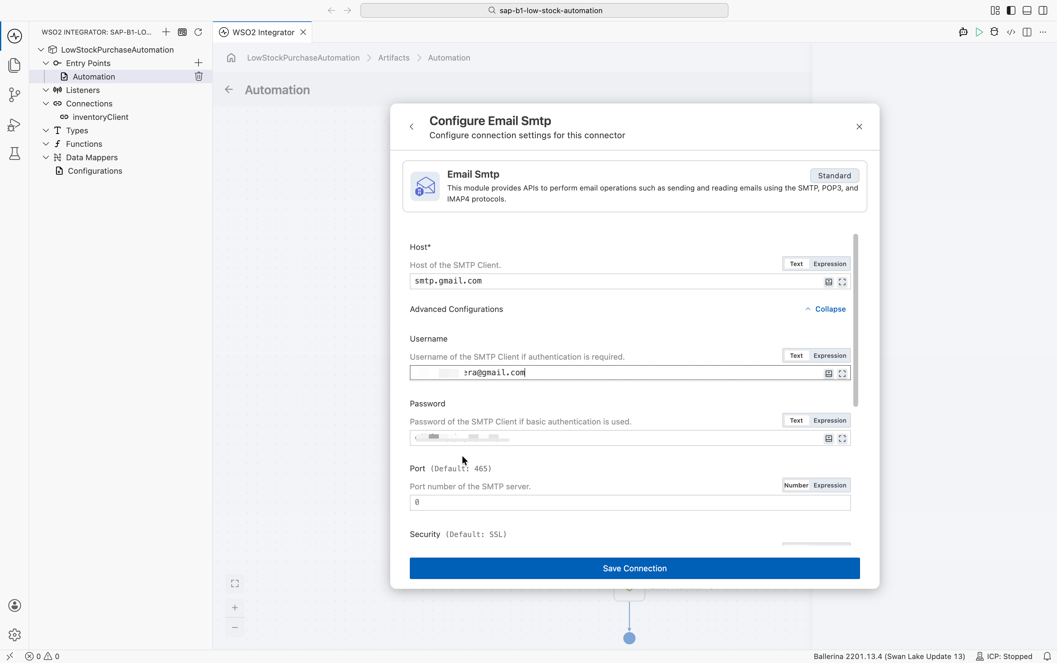 Configure Email Smtp connection dialog with Host set to smtp.gmail.com and Username and Password fields bound to configurable values