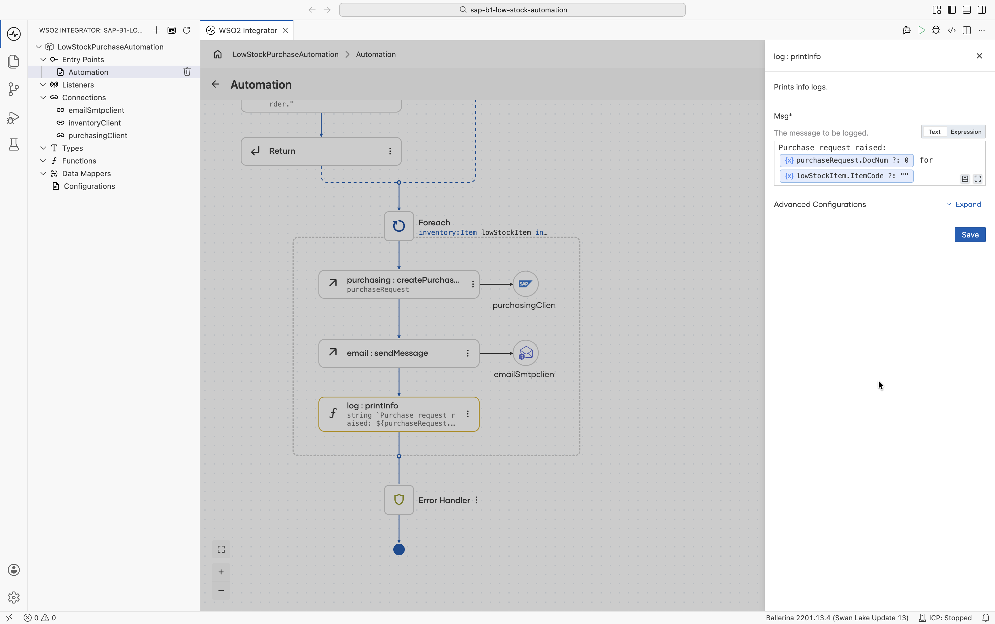 Foreach loop that creates a purchase request in SAP Business One, sends procurement an email through emailSmtpclient, and logs the result
