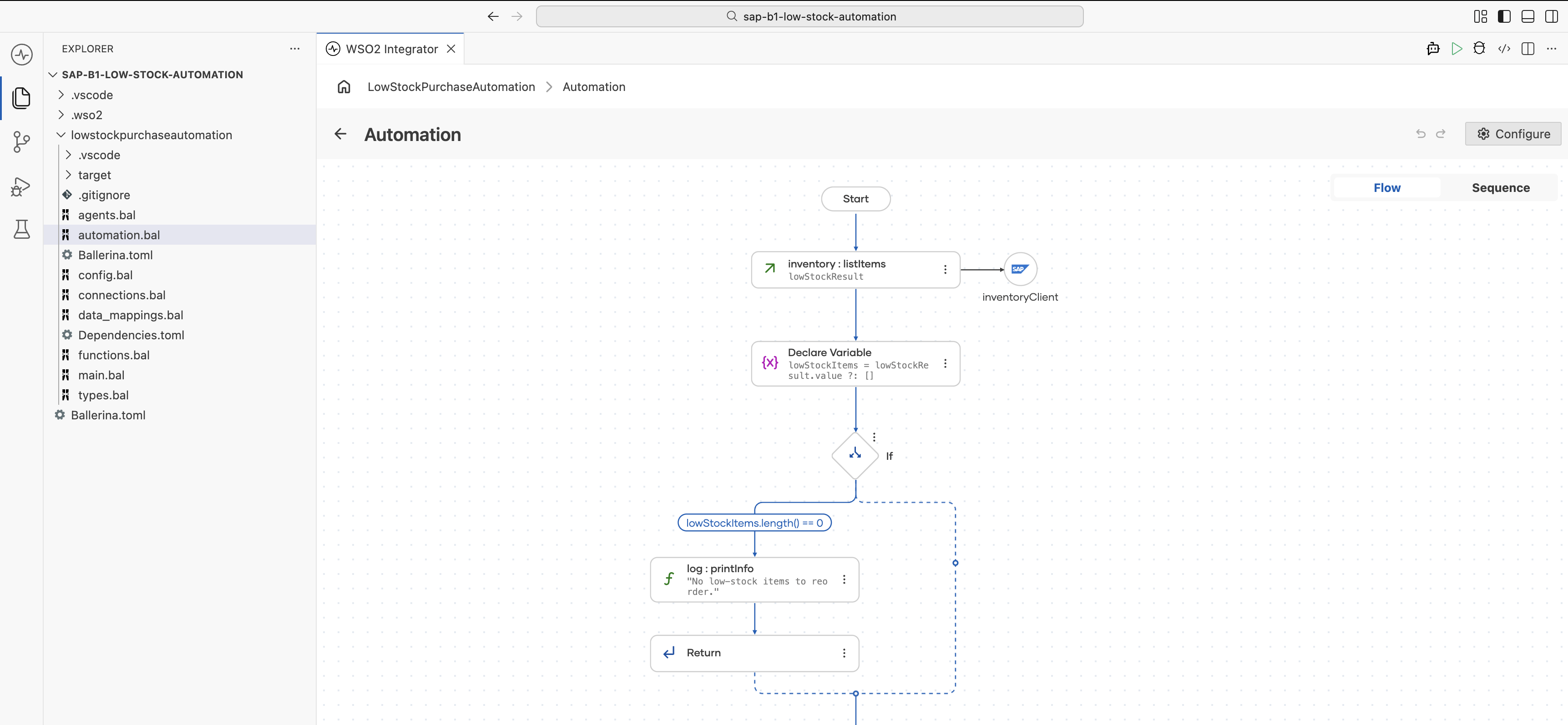Flow with the If branch built: when lowStockResult is empty it logs No low-stock items to reorder and returns