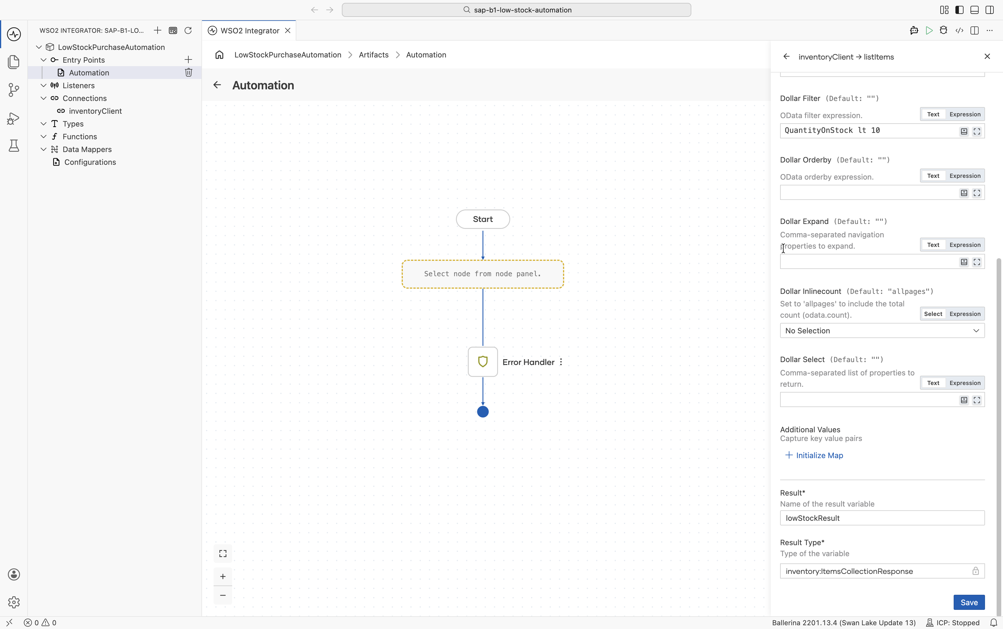 List Items operation configured with Result lowStockResult and a Filter of QuantityOnStock lt 10