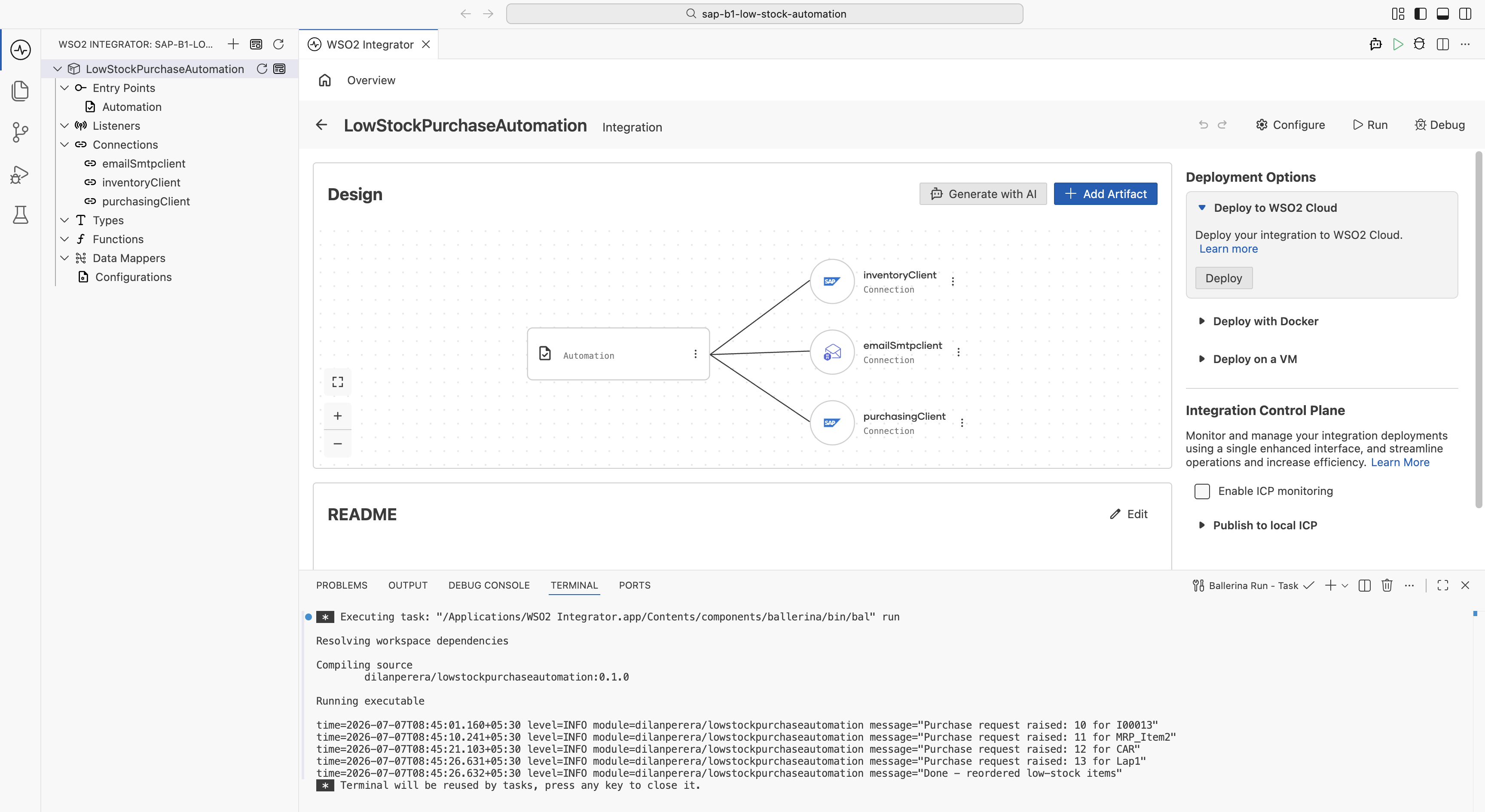 Integration overview with the terminal showing four purchase requests raised and a done summary