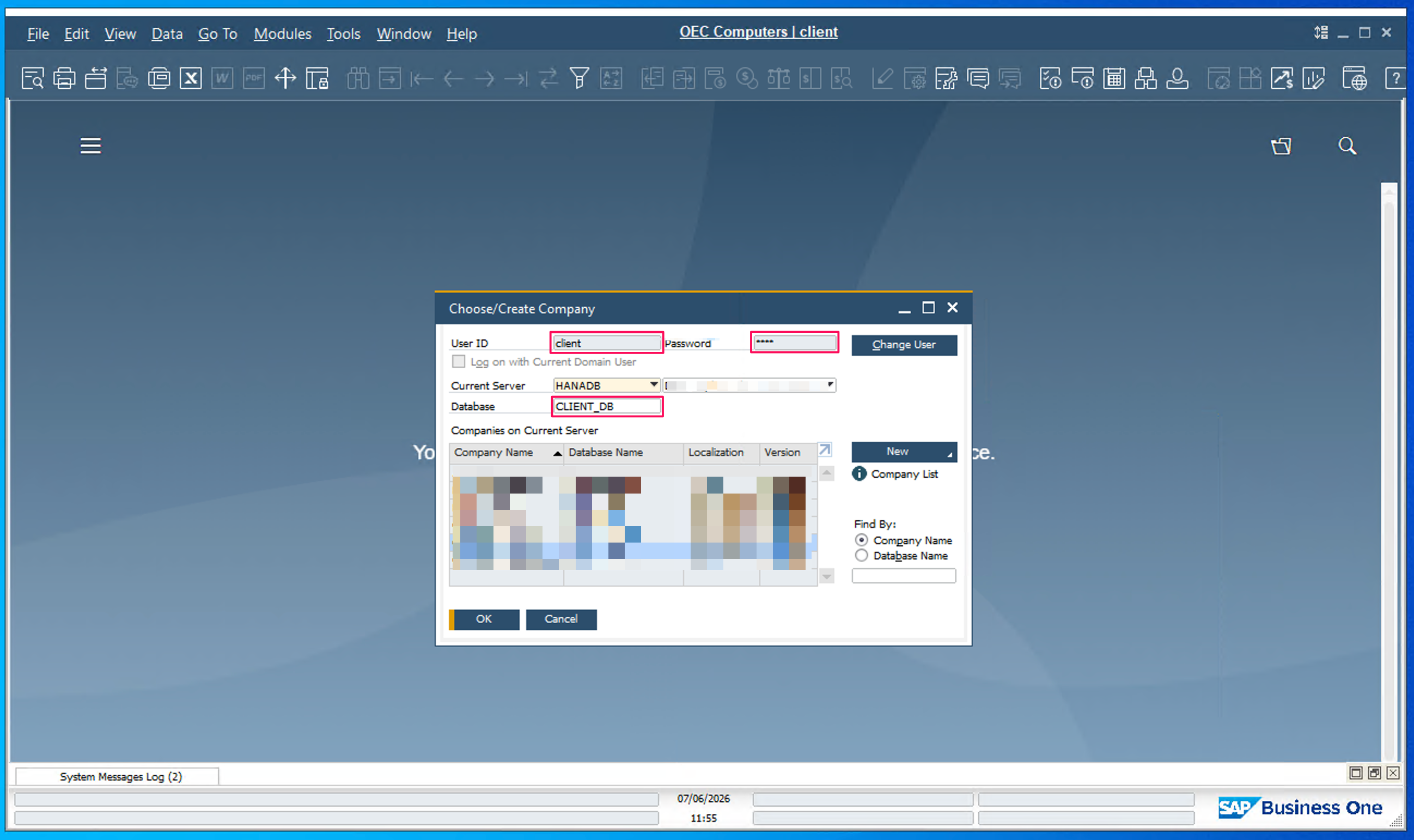 SAP Business One Choose Company window showing the User ID, Password, and Database fields used to configure the connection