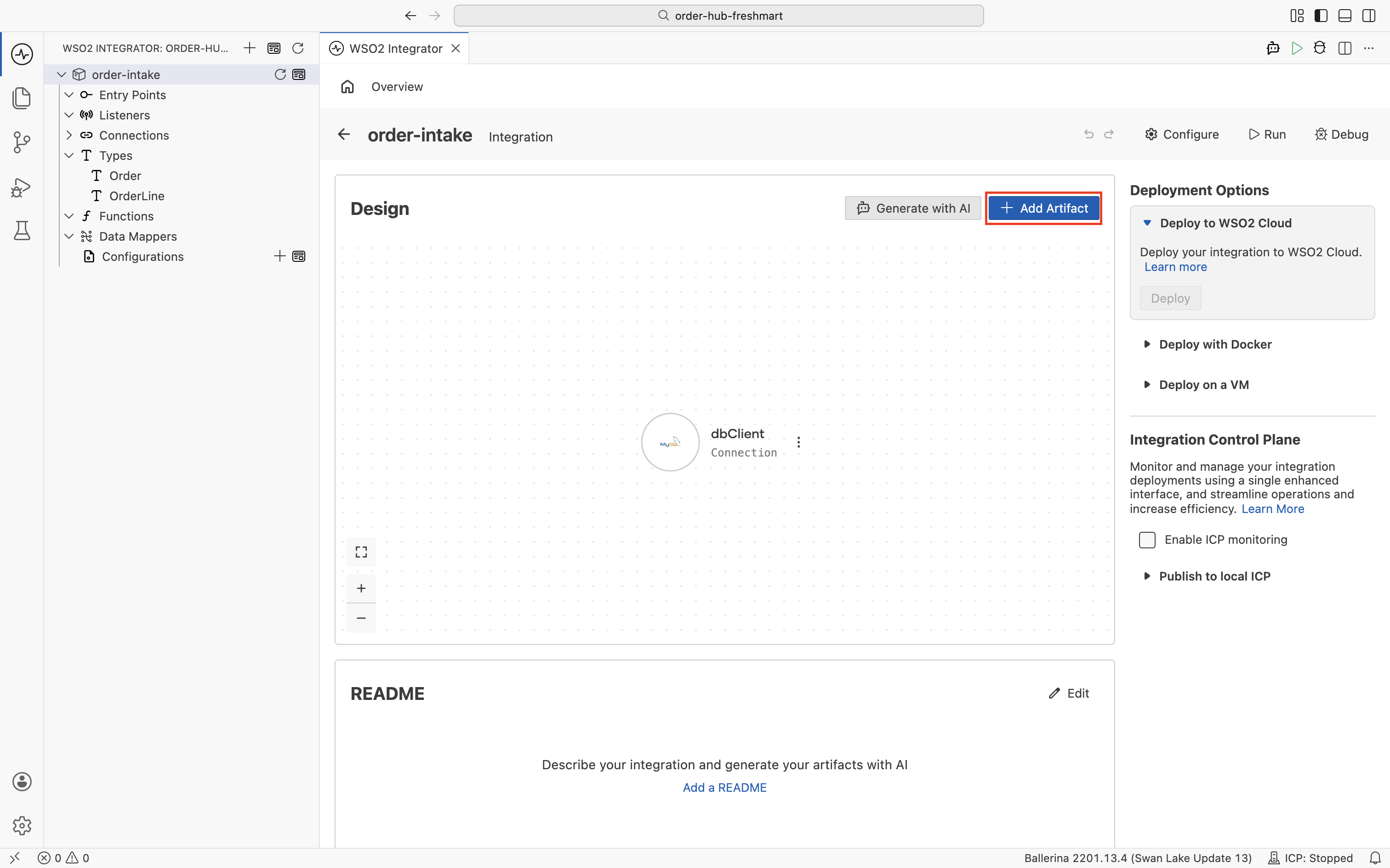 The order-intake Design view showing the dbClient connection, with the Add Artifact button highlighted