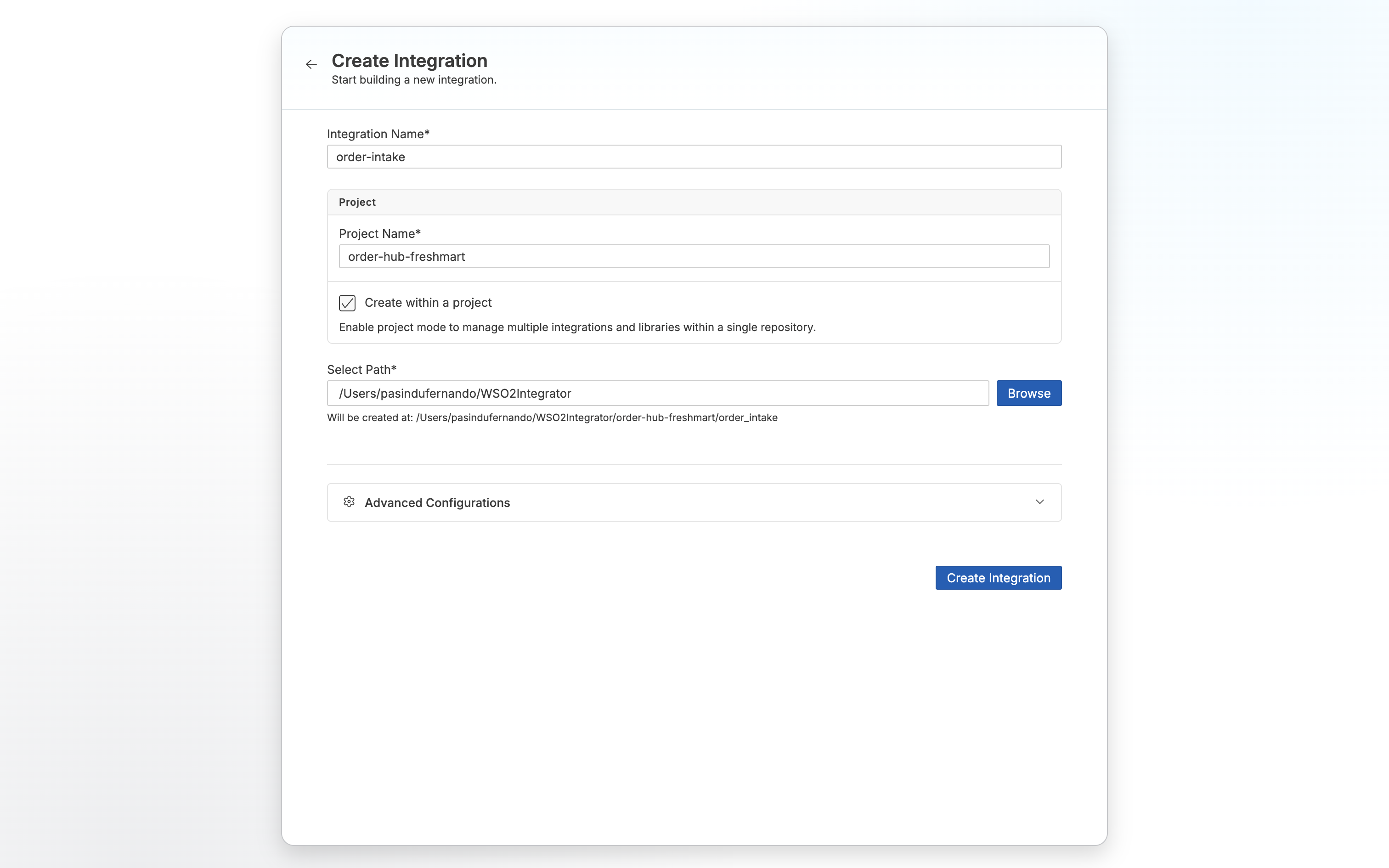 The Create a Project form, with the project named order-hub-freshmart and the integration named order-intake