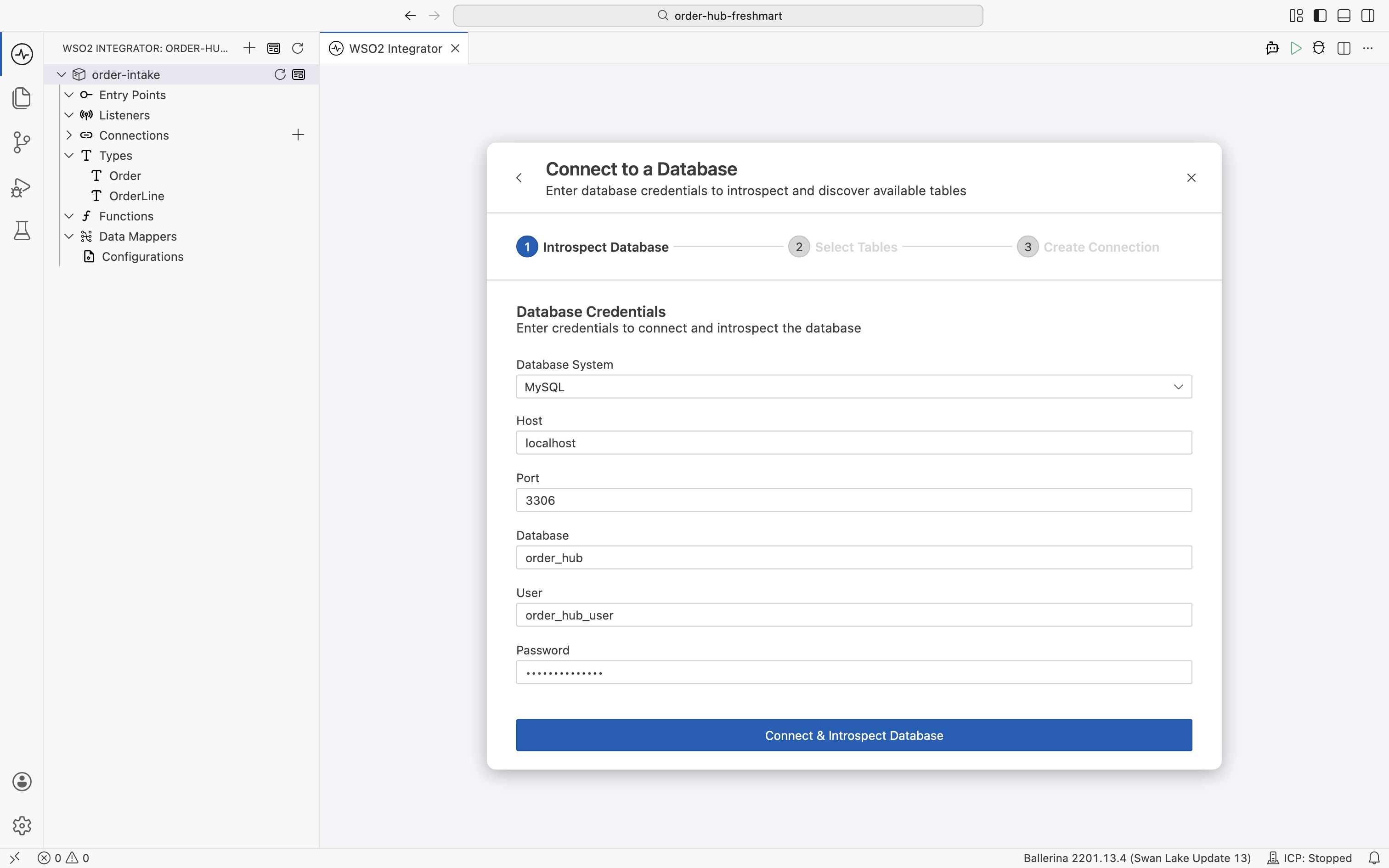 The Connect to a Database wizard on the Introspect Database step, with MySQL selected and the order_hub credentials entered