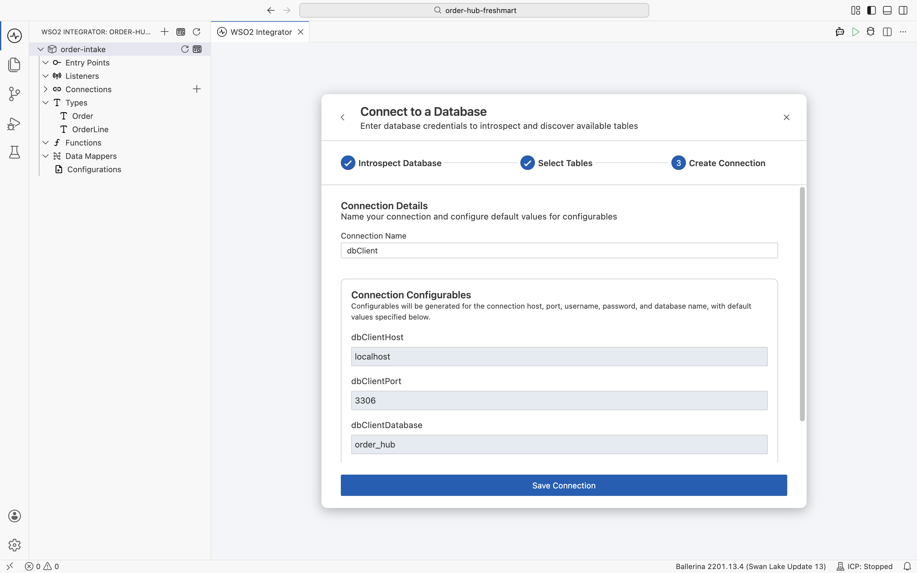 The Create Connection step naming the connection dbClient, with the generated dbClientHost, dbClientPort, and dbClientDatabase configurables