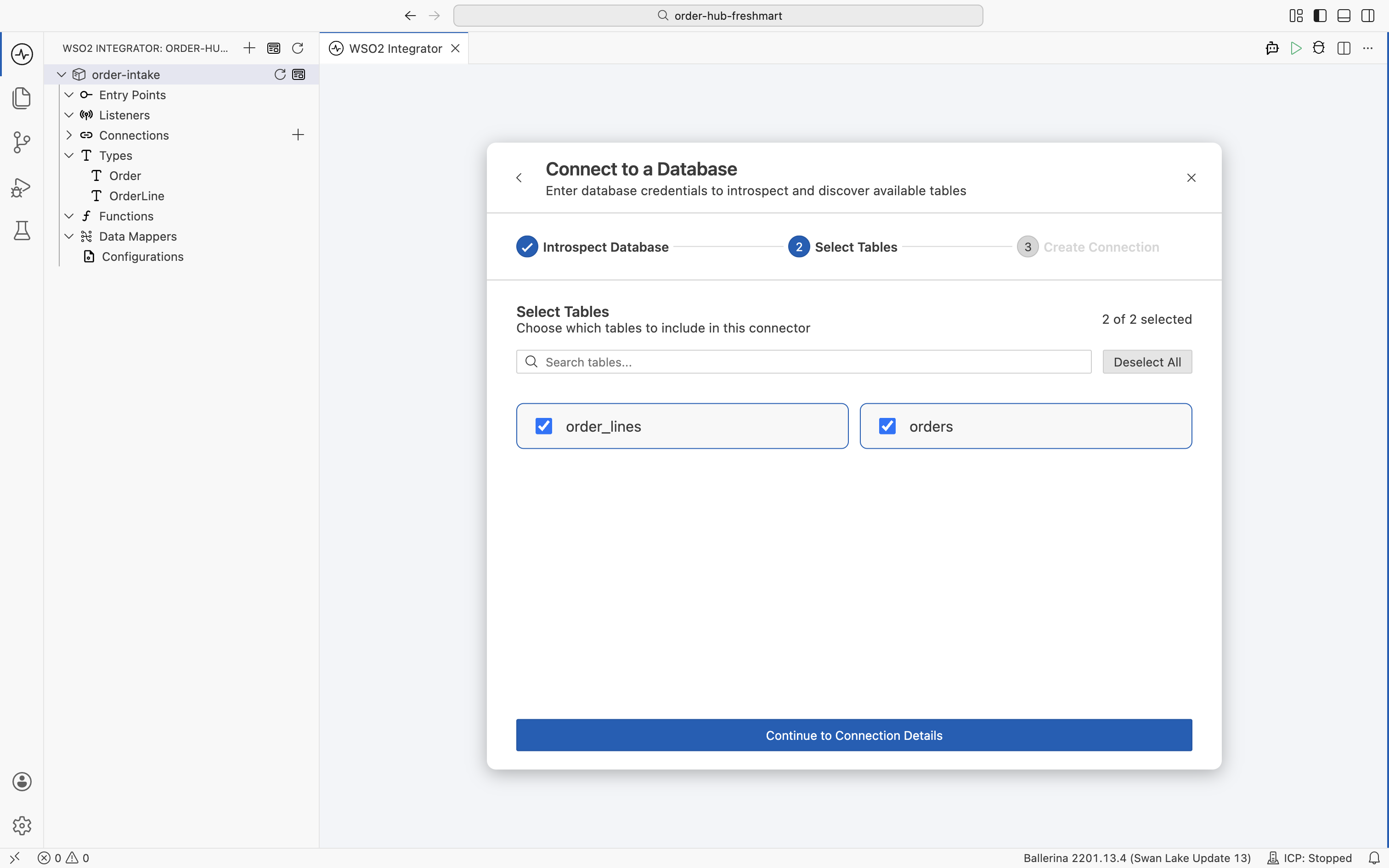 The Select Tables step of the wizard with both orders and order_lines tables selected