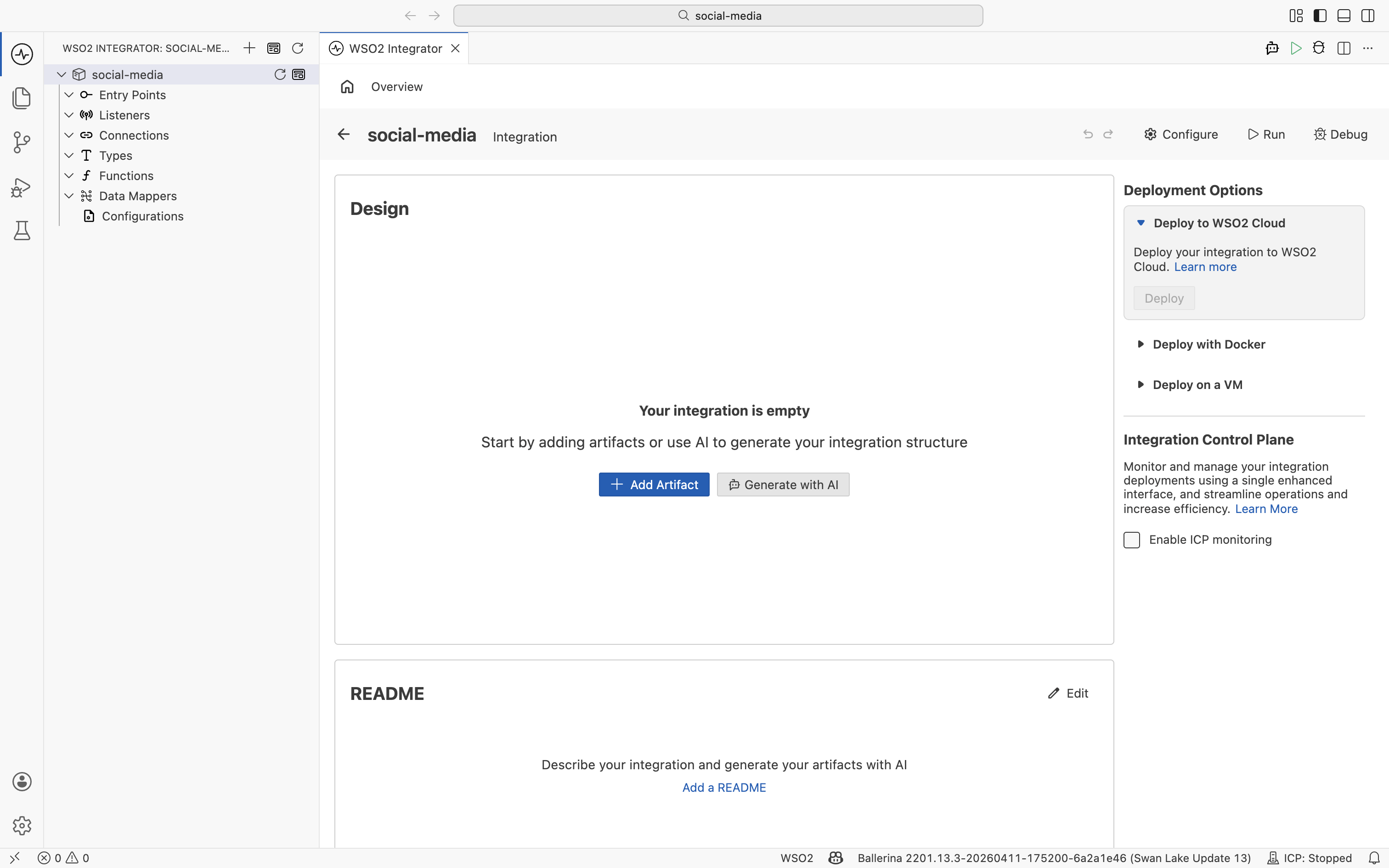 The empty social-media integration in the Design view, showing the "Your integration is empty" message and the Add Artifact button